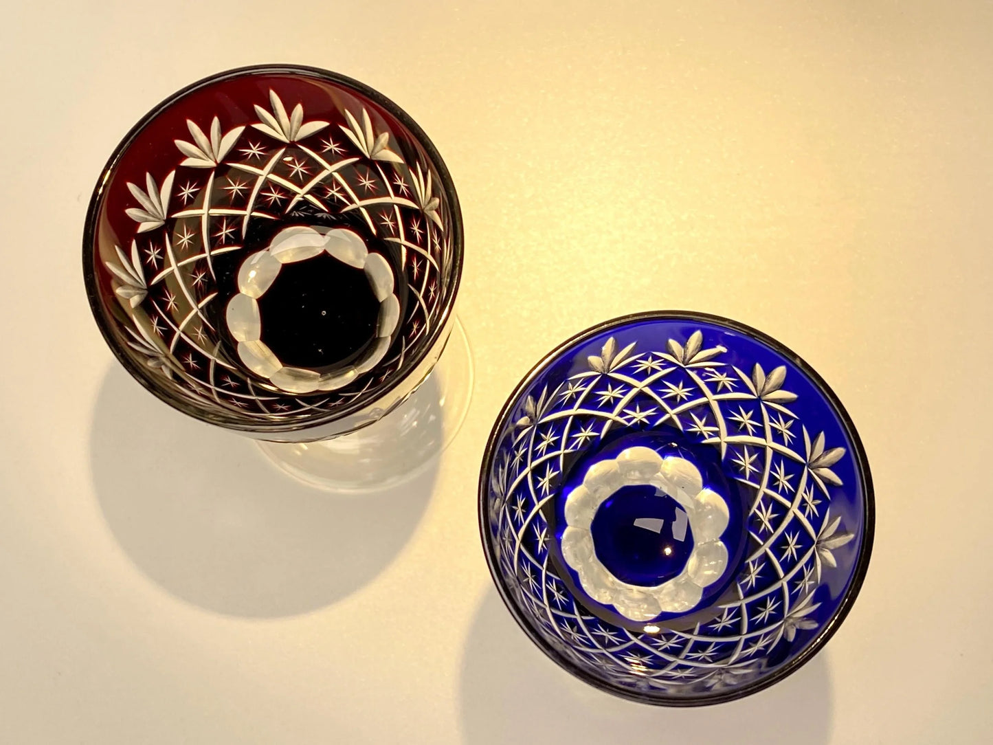 Japanese Kiriko Cut Glass Goblets, Vintage Red & Blue Crystal Wine Glasses Pair, Hand Cut Barware