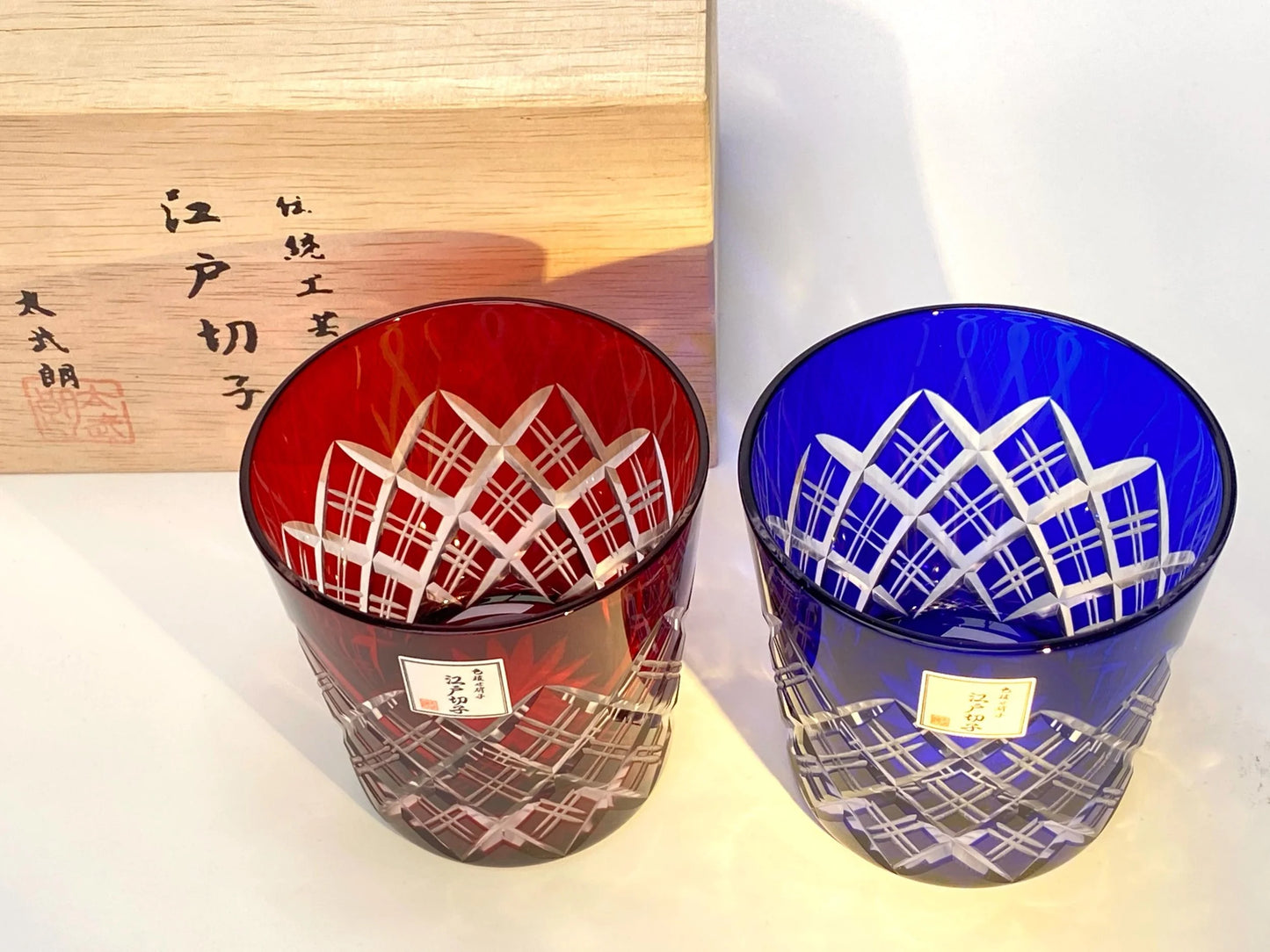 Taburo Edo Kiriko Glass Pair in Wood Box