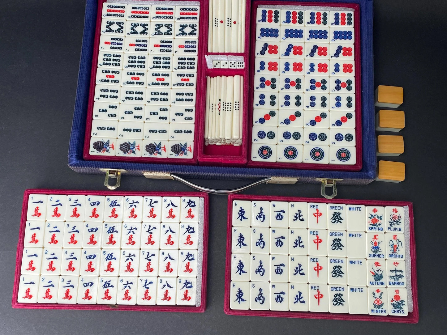 Mah Jong & Bamboo Back Japanese Mahjong Set, RARE English Numbers Letters, Showa Era Mah Jong 148 Tiles, Portable Blue velvet case
