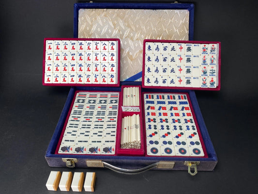 Mah Jong & Bamboo Back Japanese Mahjong Set, RARE English Numbers Letters, Showa Era Mah Jong 148 Tiles, Portable Blue velvet case