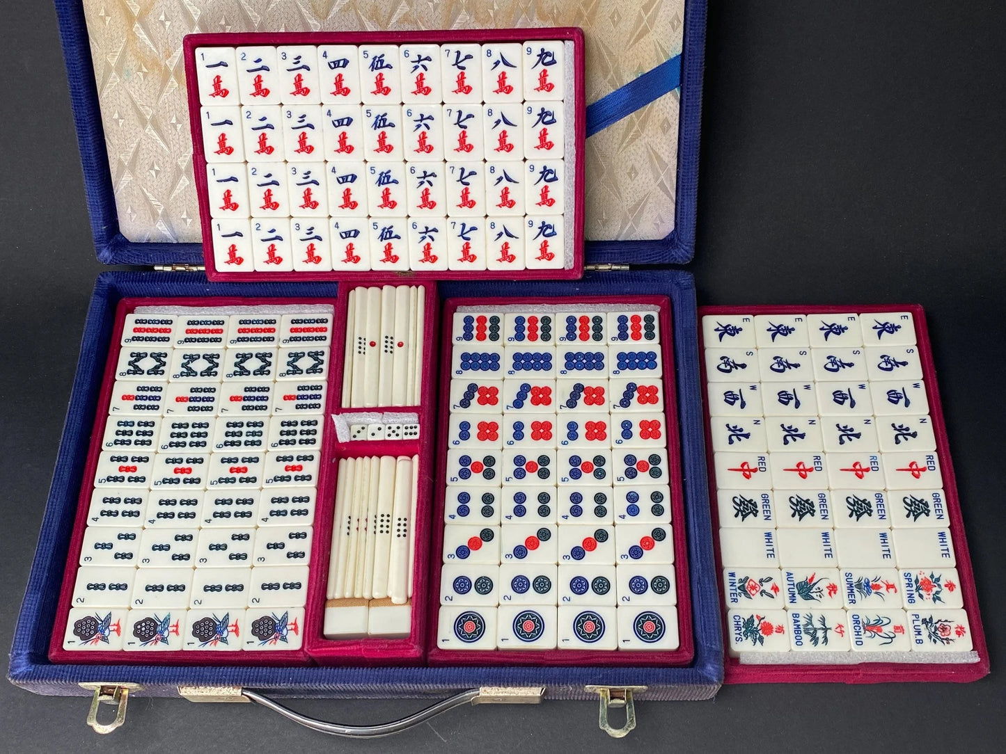 Mah Jong & Bamboo Back Japanese Mahjong Set, RARE English Numbers Letters, Showa Era Mah Jong 148 Tiles, Portable Blue velvet case