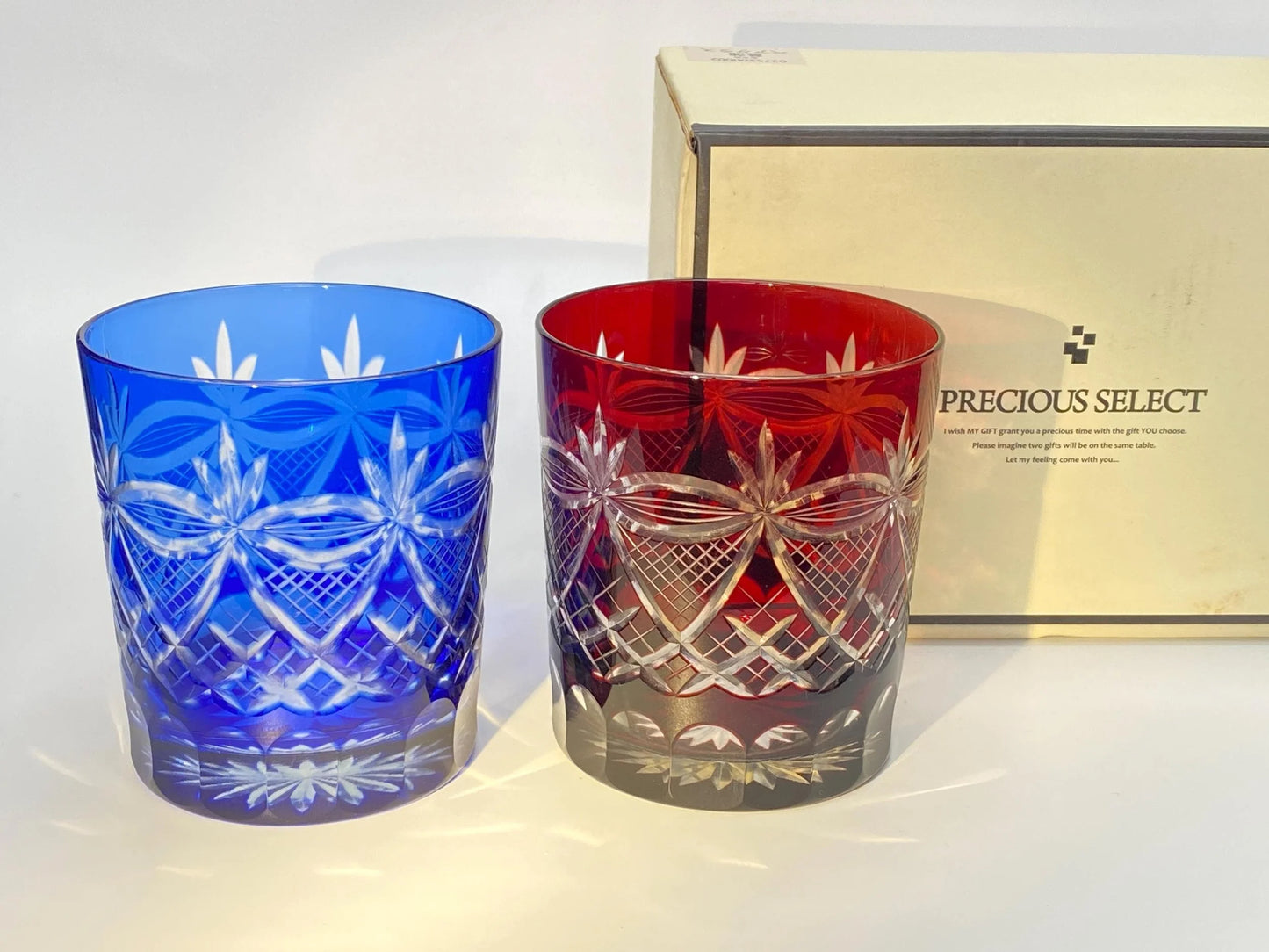 Japanese Kiriko Glass Pair, Hand Cut Crystal Tumblers from Precious Select, Vintage Whisky Glasses, Ayame Iris Pattern, Original Box