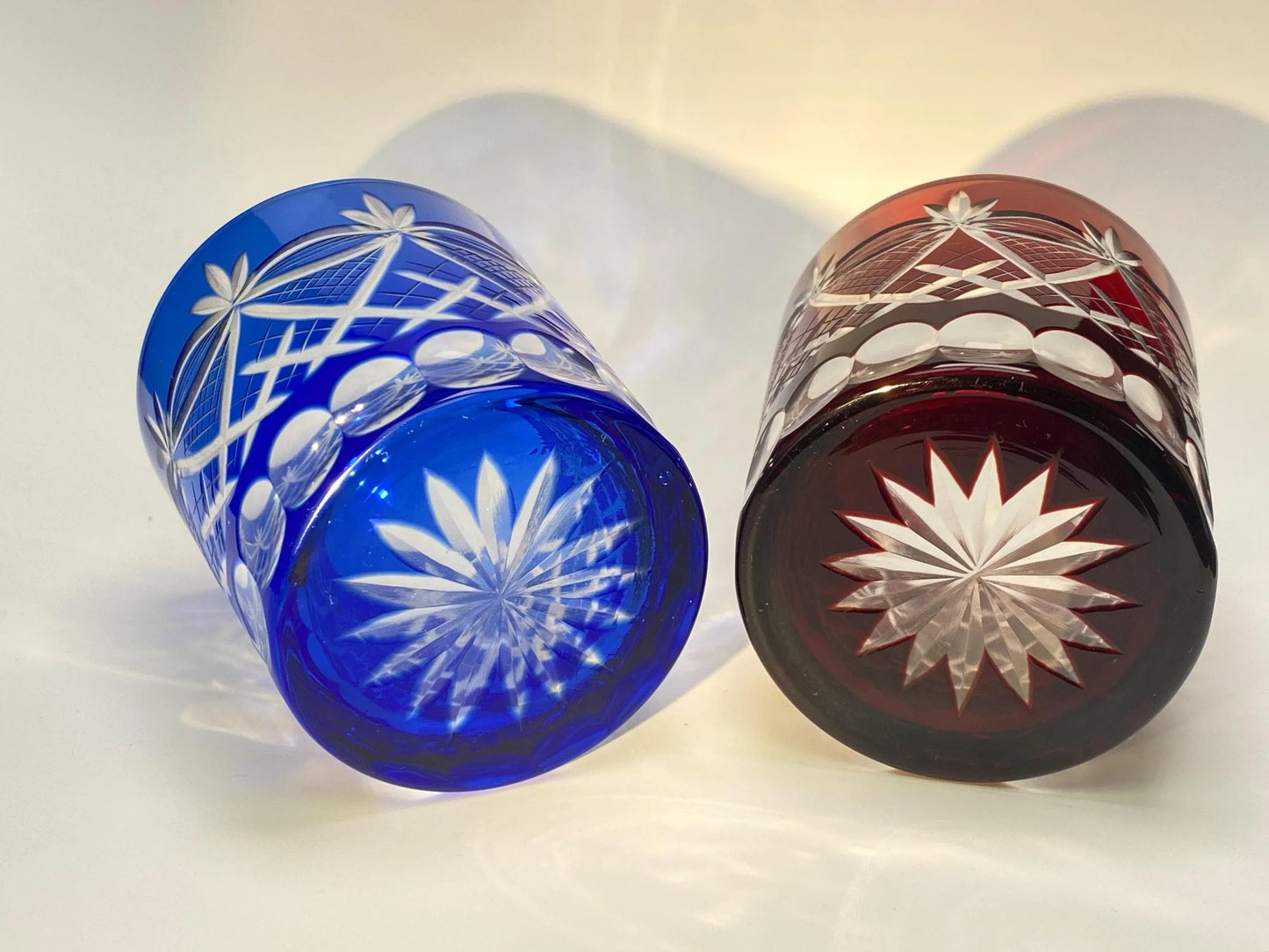 Japanese Kiriko Glass Pair, Hand Cut Crystal Tumblers from Precious Select, Vintage Whisky Glasses, Ayame Iris Pattern, Original Box