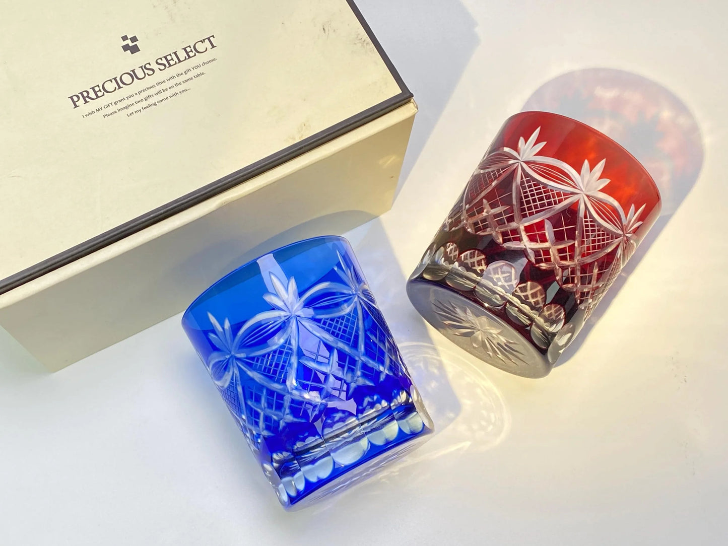Japanese Kiriko Glass Pair, Hand Cut Crystal Tumblers from Precious Select, Vintage Whisky Glasses, Ayame Iris Pattern, Original Box
