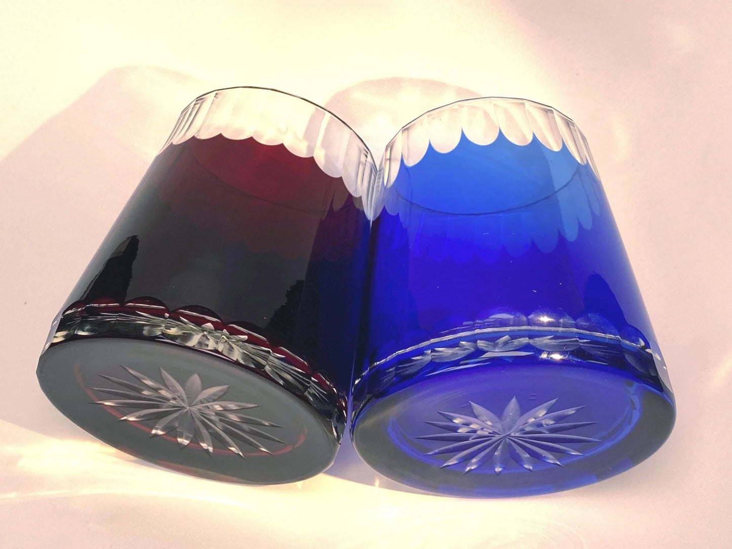 Mt. Fuji Kiriko Crystal Glass PAIR, Japanese vintage Hand Cut Crystal Tumblers, Red & Blue Fuji Edo Kiriko, Old Fashioned Whiskey Glasses