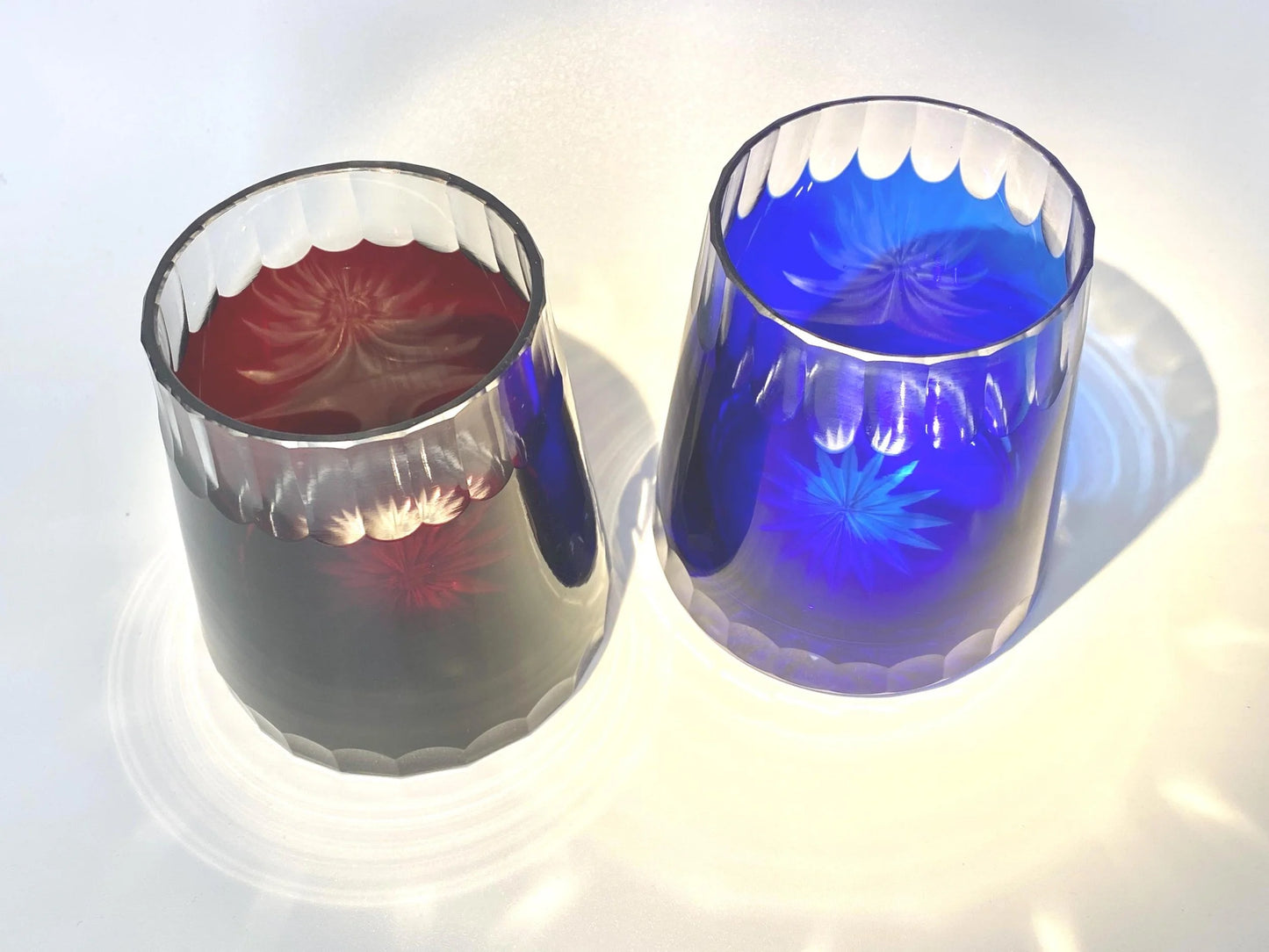Mt. Fuji Kiriko Crystal Glass PAIR, Japanese vintage Hand Cut Crystal Tumblers, Red & Blue Fuji Edo Kiriko, Old Fashioned Whiskey Glasses