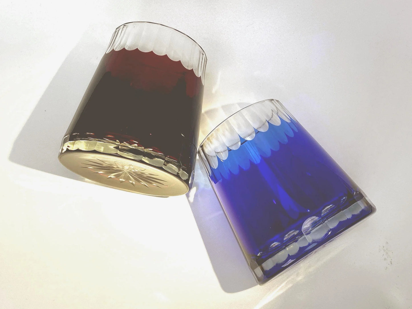 Mt. Fuji Kiriko Crystal Glass PAIR, Japanese vintage Hand Cut Crystal Tumblers, Red & Blue Fuji Edo Kiriko, Old Fashioned Whiskey Glasses