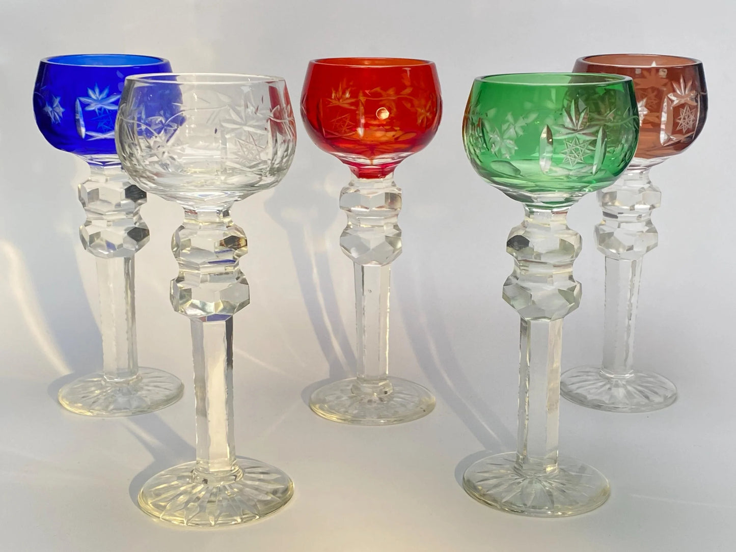 Japanese Edo Kiriko Crystal Goblets, Vintage Hand Cut to Clear Crystal Wine Glasses, Harlequin Set, Colored Overlay