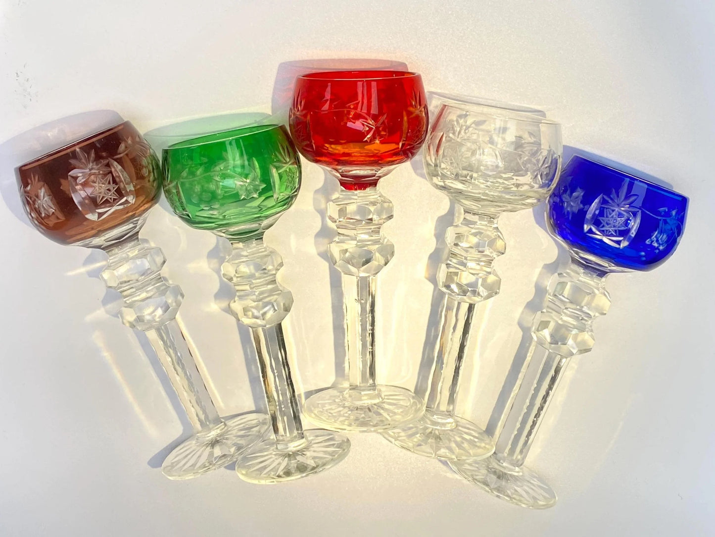 Japanese Edo Kiriko Crystal Goblets, Vintage Hand Cut to Clear Crystal Wine Glasses, Harlequin Set, Colored Overlay