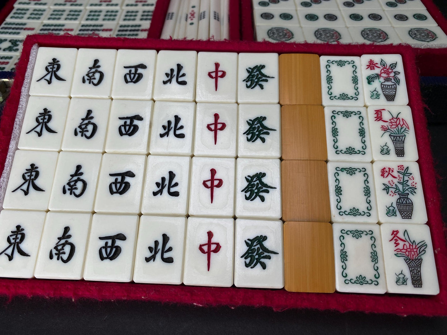 Vintage Japanese Bamboo Mahjong Set Blue Velvet Case