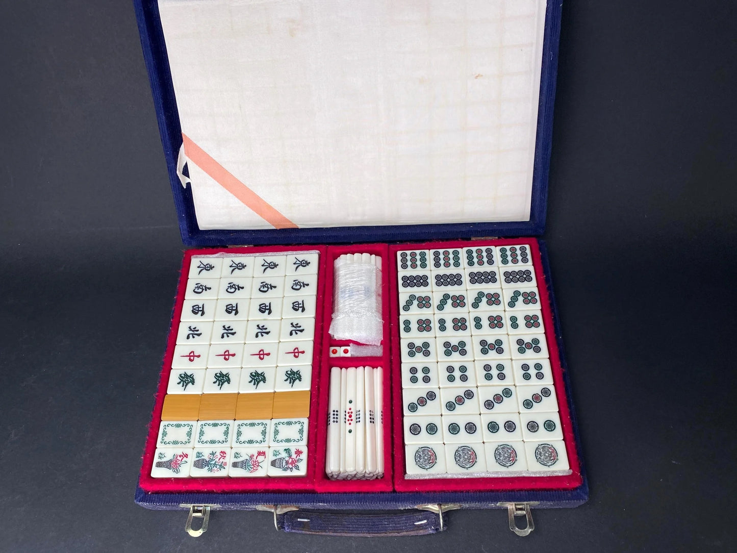 Vintage Japanese Bamboo Mahjong Set Blue Velvet Case