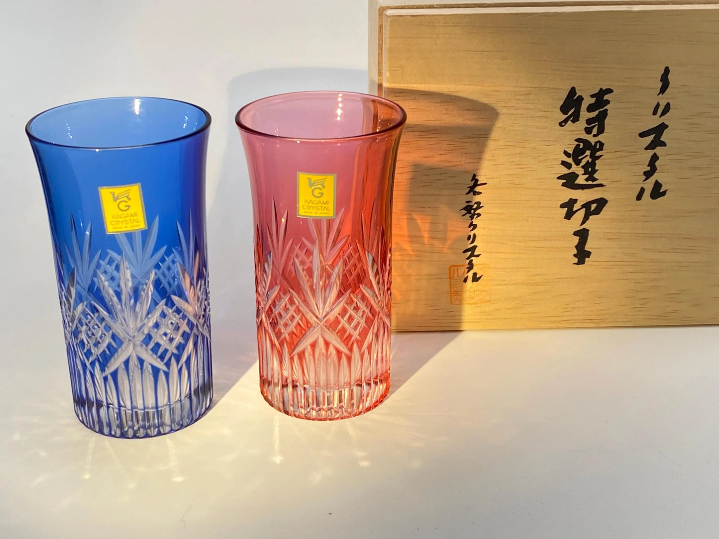 Kagami Crystal Japanese Kiriko Sake Tumblers Pair, Japanese Cut Crystal Glass Pair, Edo Kiriko Style Luxury Gift Set