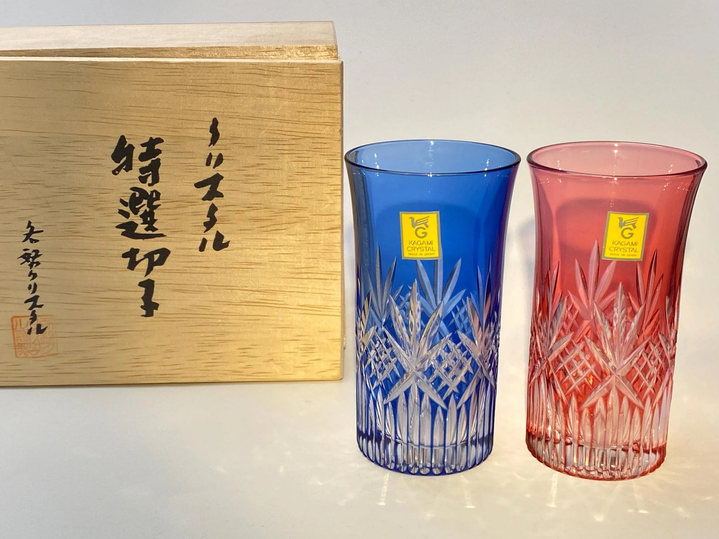 Kagami Crystal Japanese Kiriko Sake Tumblers Pair, Japanese Cut Crystal Glass Pair, Edo Kiriko Style Luxury Gift Set
