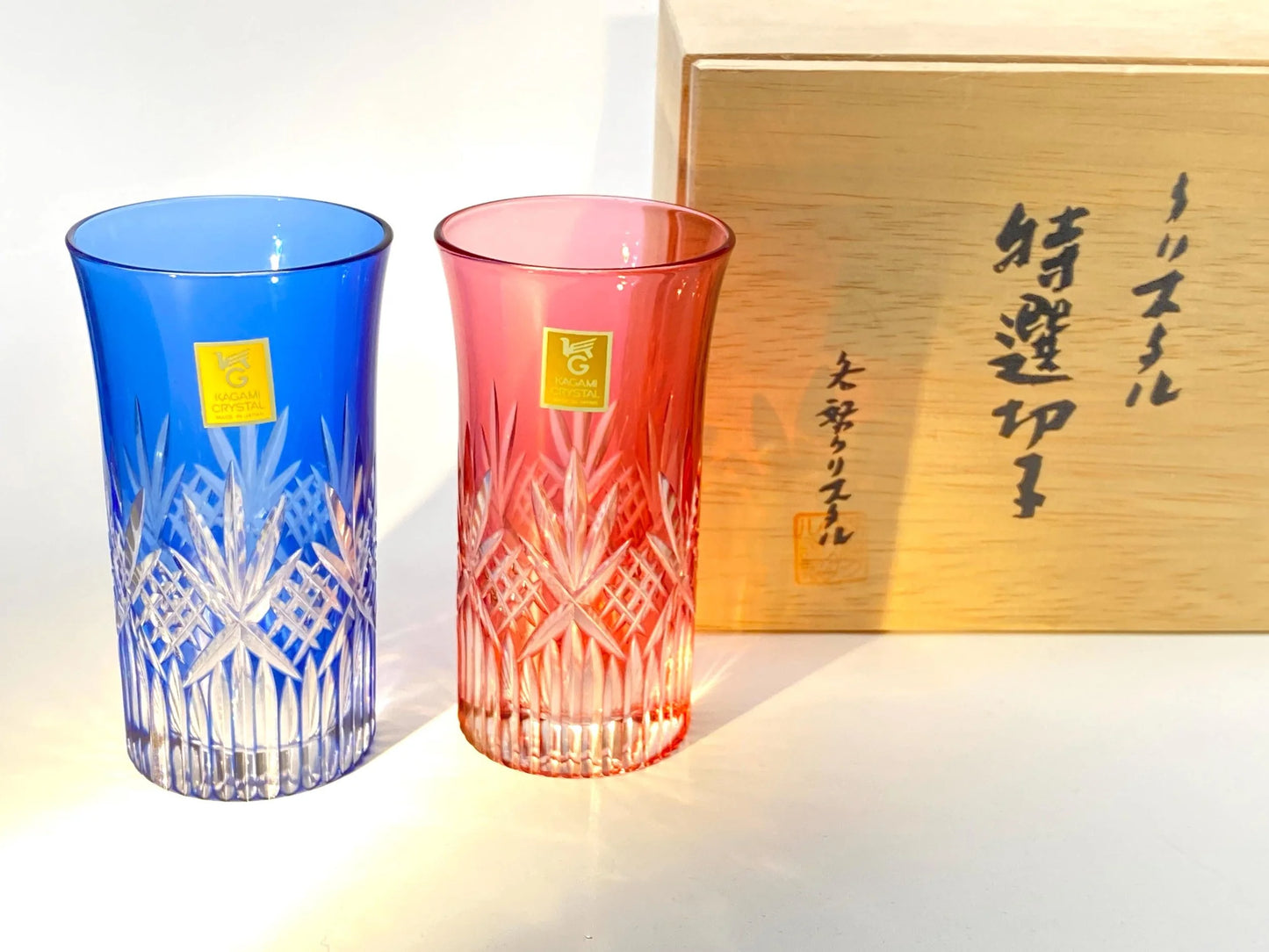 Kagami Crystal Japanese Kiriko Sake Tumblers Pair, Japanese Cut Crystal Glass Pair, Edo Kiriko Style Luxury Gift Set