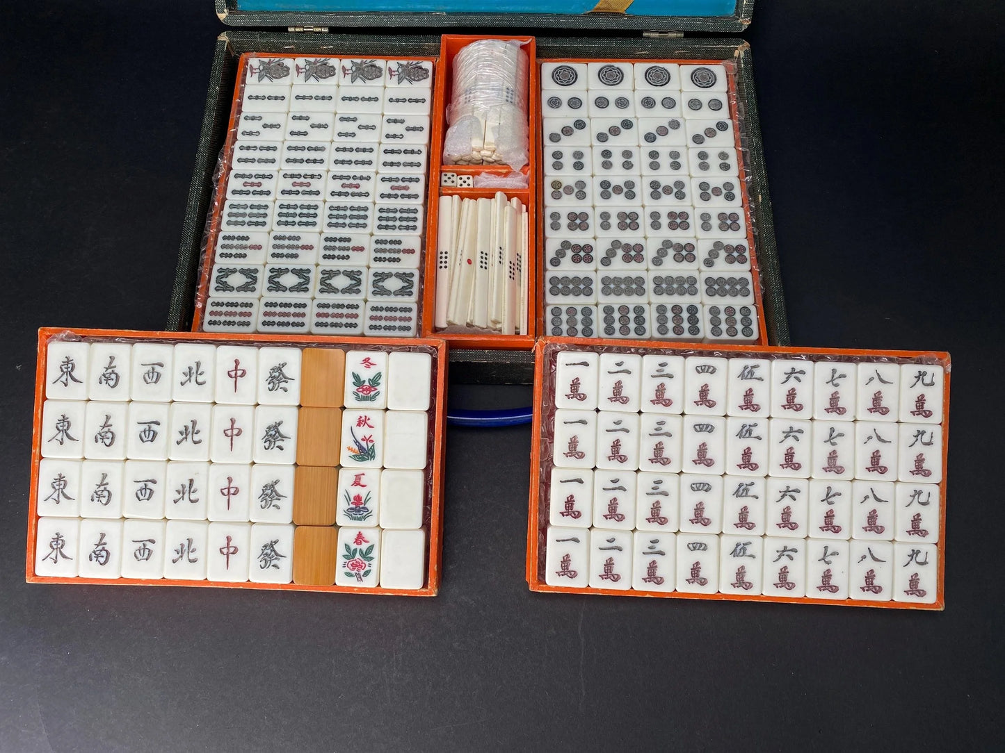 Vintage Japanese Mahjong Set Bamboo Back Tiles