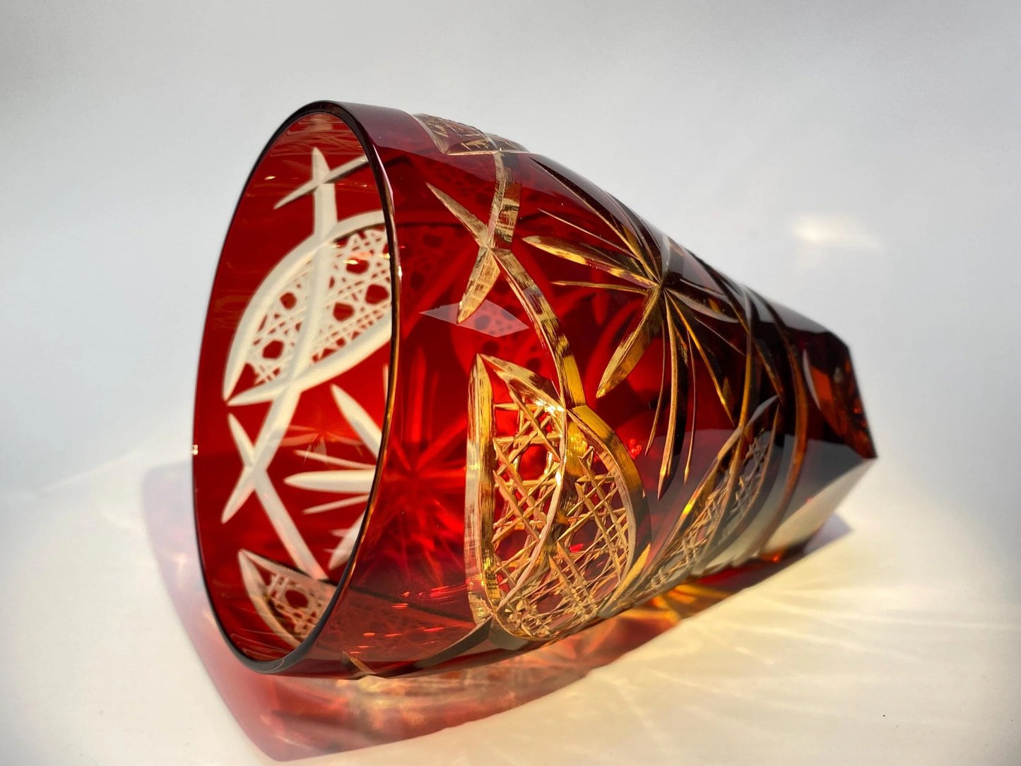 Hand cut Edo Kiriko Crystal Cup from Toyo Sasaki Red Ayaka,Japanese Vintage Edo Kiriko Red Whisky Glass, Original Box, Mint