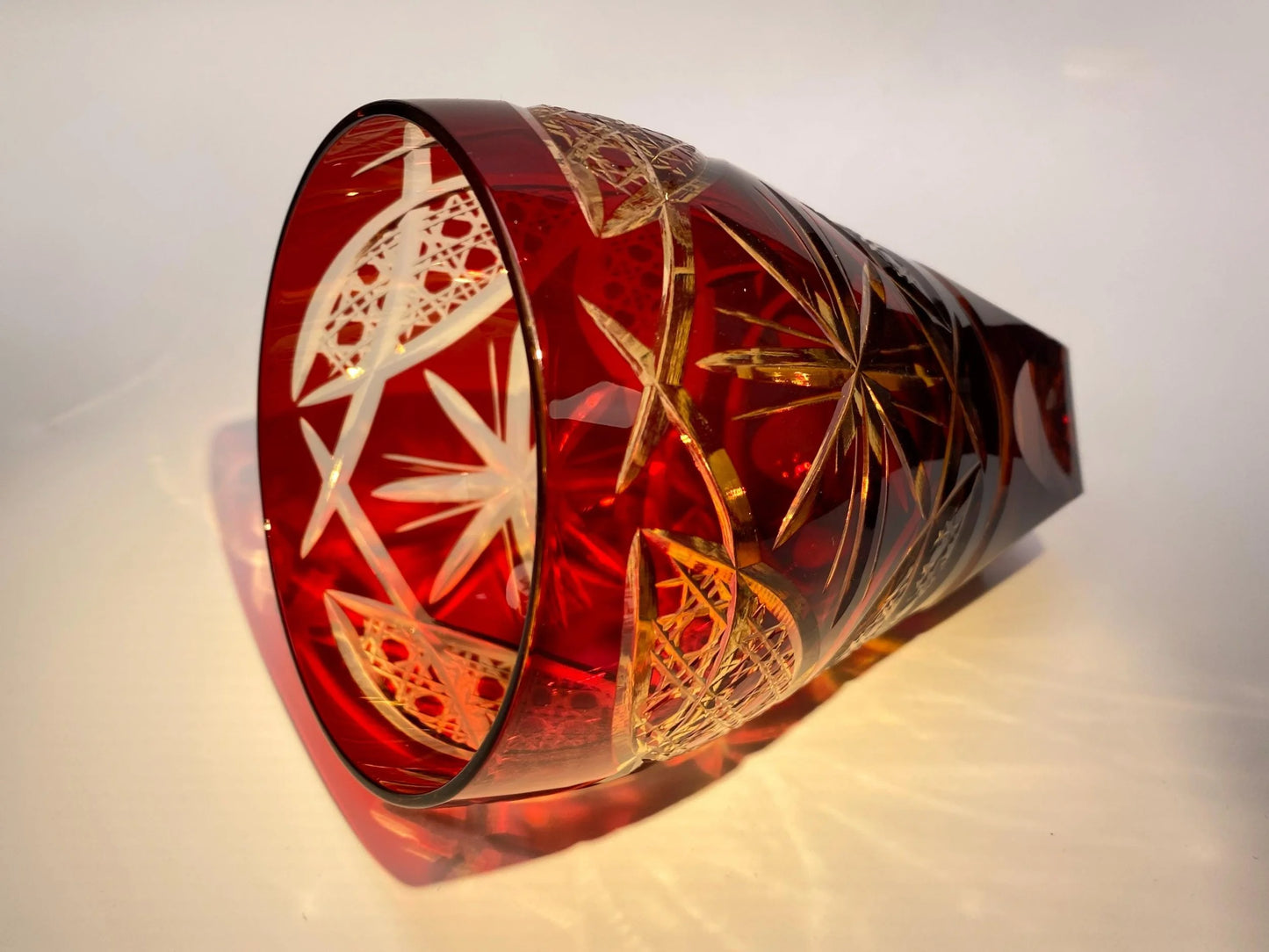 Hand cut Edo Kiriko Crystal Cup from Toyo Sasaki Red Ayaka,Japanese Vintage Edo Kiriko Red Whisky Glass, Original Box, Mint