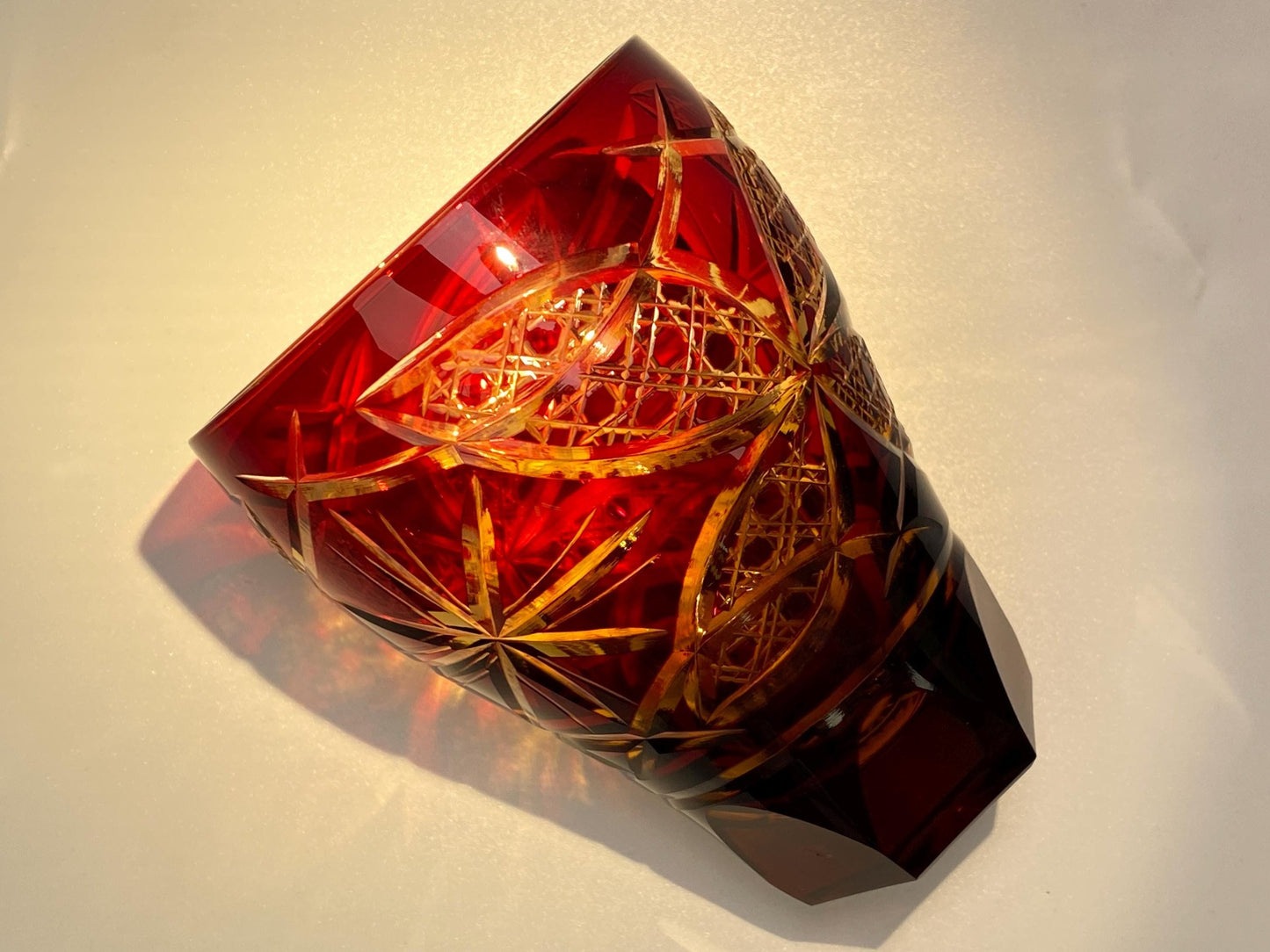 Hand cut Edo Kiriko Crystal Cup from Toyo Sasaki Red Ayaka,Japanese Vintage Edo Kiriko Red Whisky Glass, Original Box, Mint