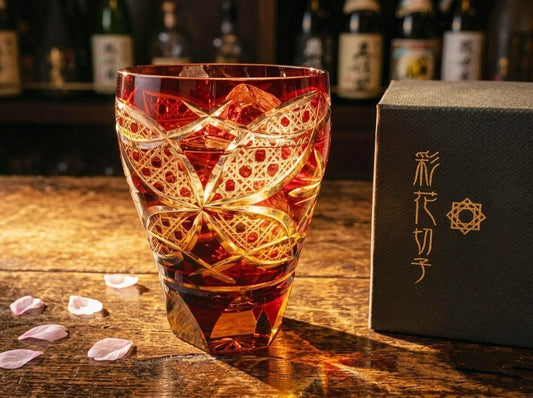Hand cut Edo Kiriko Crystal Cup from Toyo Sasaki Red Ayaka,Japanese Vintage Edo Kiriko Red Whisky Glass, Original Box, Mint