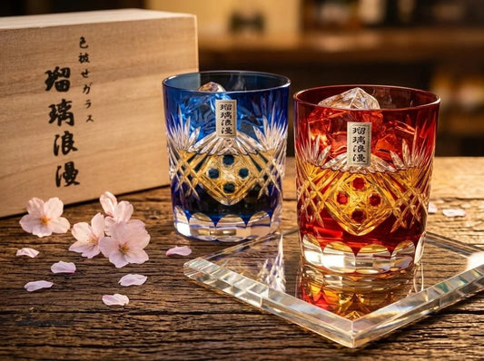 Japanese Crystal Whiskey Pair Edo Kiriko, Hand Cut Glass Tumblers by Ruri Roman, original wooden box, Red and Blue Rock Glasses, Luxury Gift
