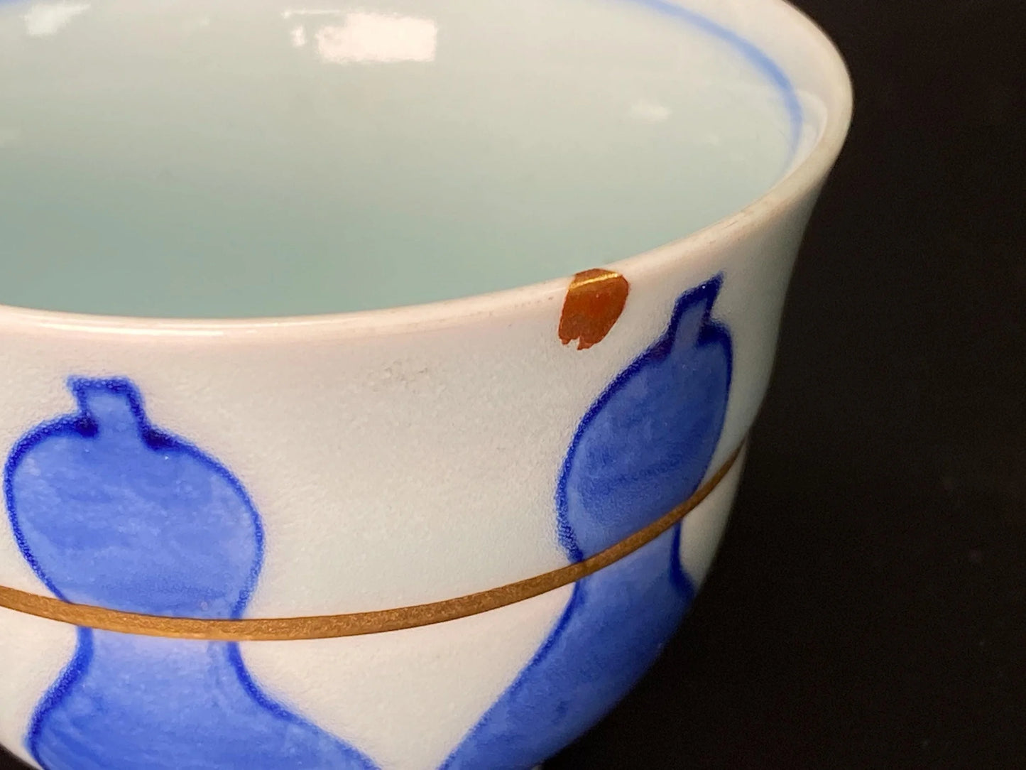 Signed 'Shin' Kintsugi Tea Cup, Japanese Urushi Lacquer Repair, Vintage Porcelain Yunomi, Traditional Tea Ceremony, Blue Gourd Pattern