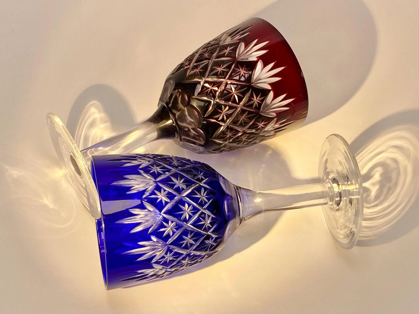 Japanese Kiriko Cut Glass Goblets, Vintage Red & Blue Crystal Wine Glasses Pair, Hand Cut Barware