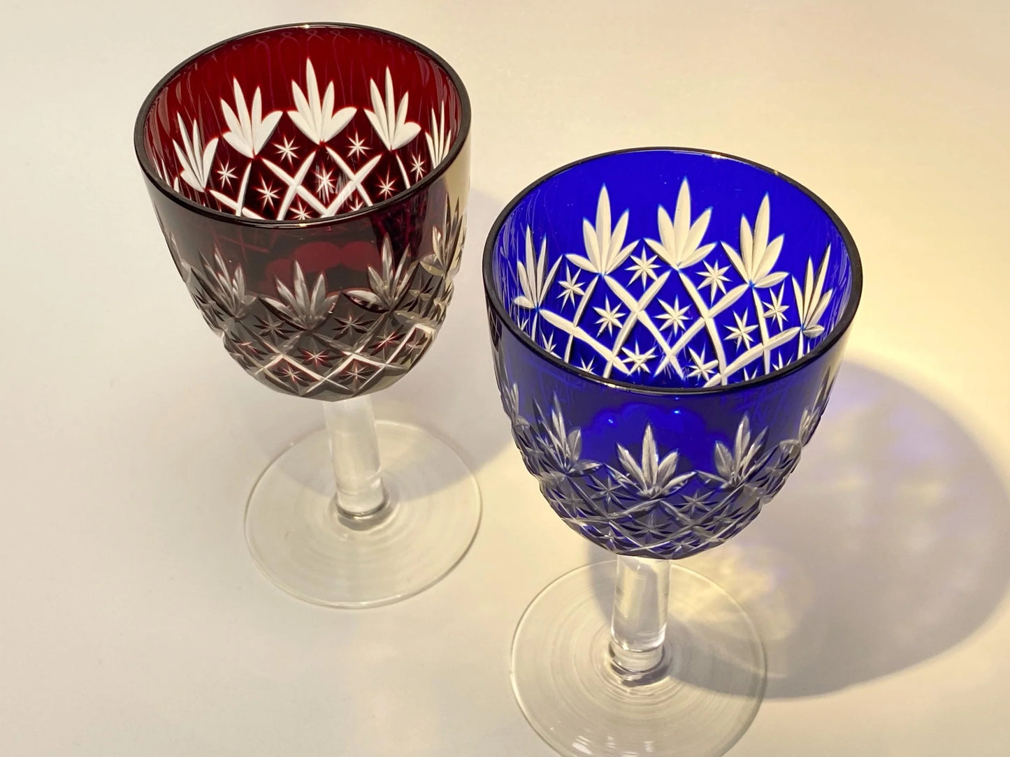 Japanese Kiriko Cut Glass Goblets, Vintage Red & Blue Crystal Wine Glasses Pair, Hand Cut Barware