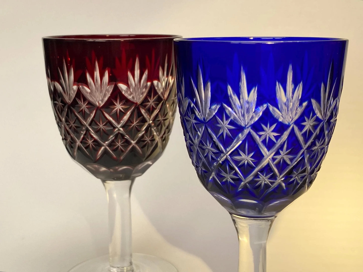 Japanese Kiriko Cut Glass Goblets, Vintage Red & Blue Crystal Wine Glasses Pair, Hand Cut Barware