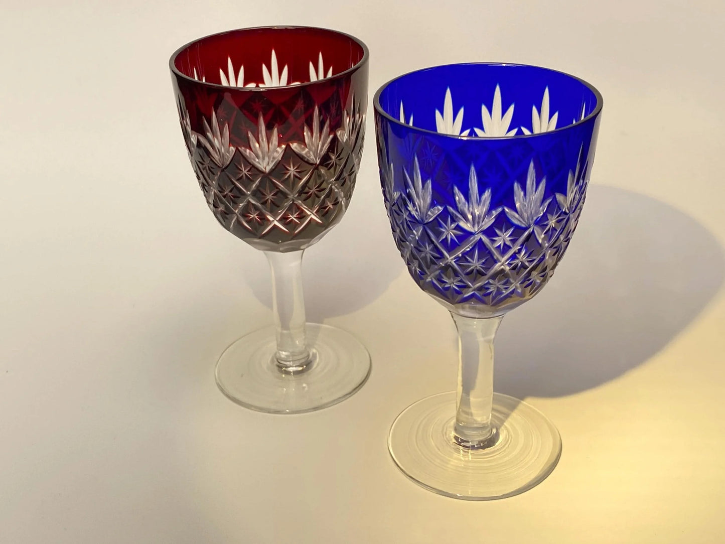 Japanese Kiriko Cut Glass Goblets, Vintage Red & Blue Crystal Wine Glasses Pair, Hand Cut Barware