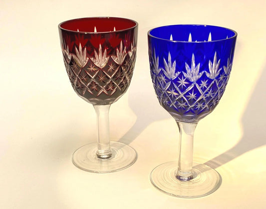 Japanese Kiriko Cut Glass Goblets, Vintage Red & Blue Crystal Wine Glasses Pair, Hand Cut Barware