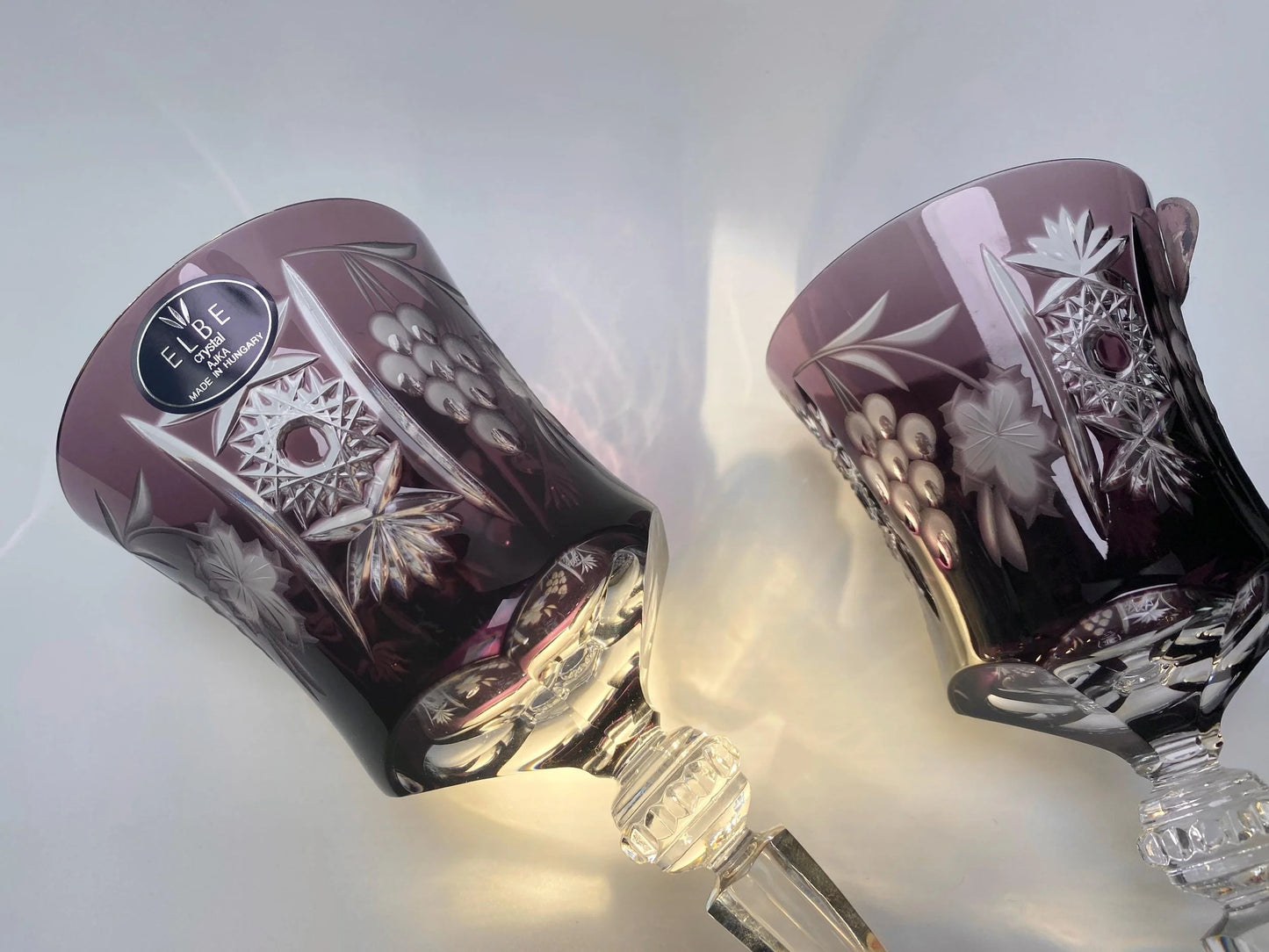 Elbe Crystal Goblet Pair Amethyst Hungarian