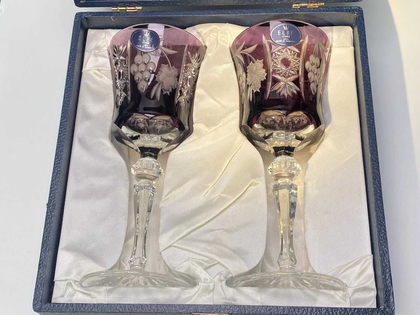 Elbe Crystal Goblet Pair Amethyst Hungarian