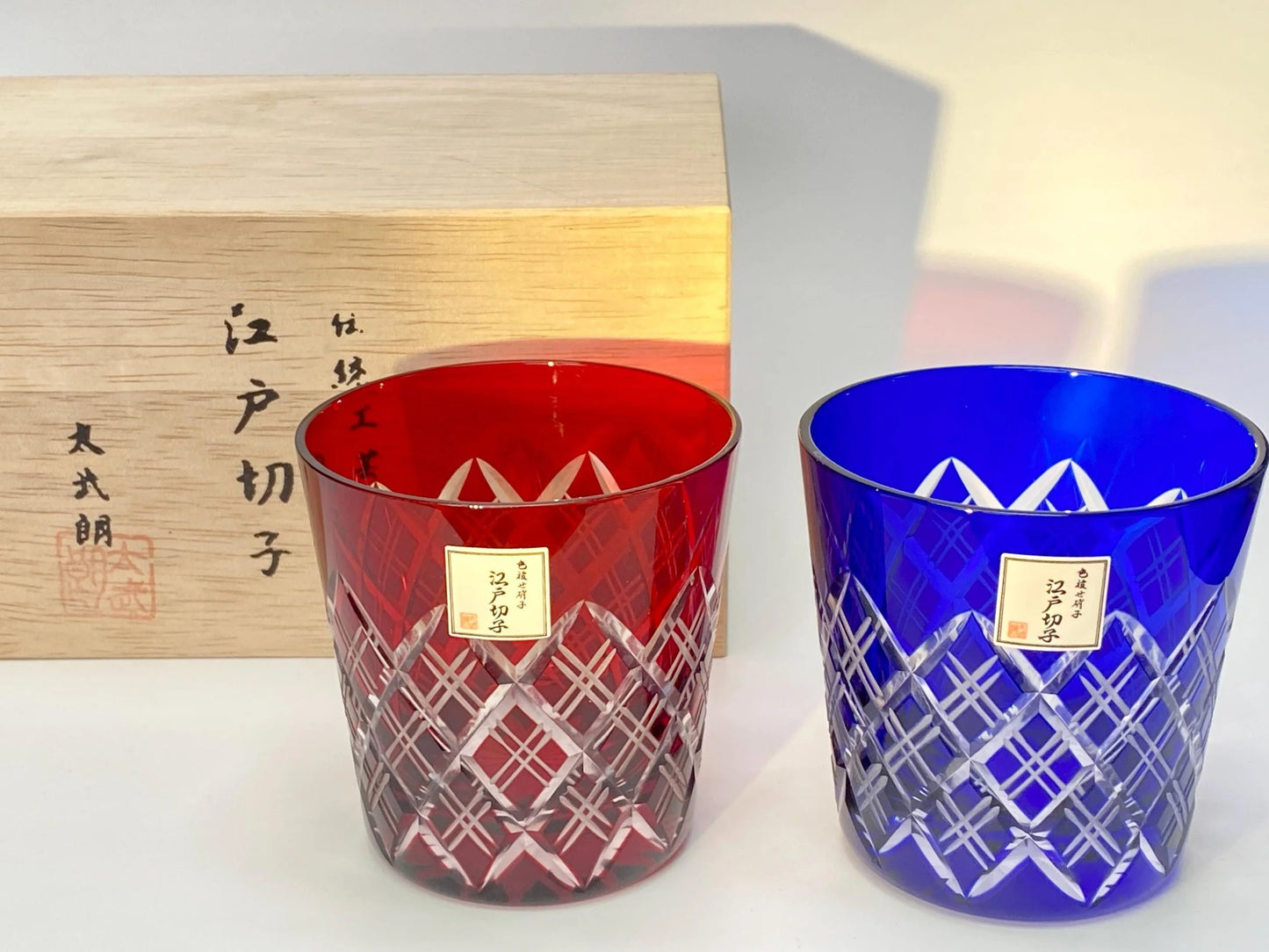 Taburo Edo Kiriko Glass Pair in Wood Box