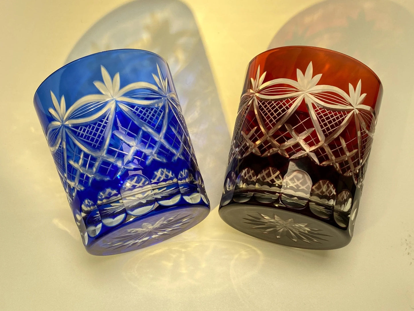 Japanese Kiriko Glass Pair, Hand Cut Crystal Tumblers from Precious Select, Vintage Whisky Glasses, Ayame Iris Pattern, Original Box