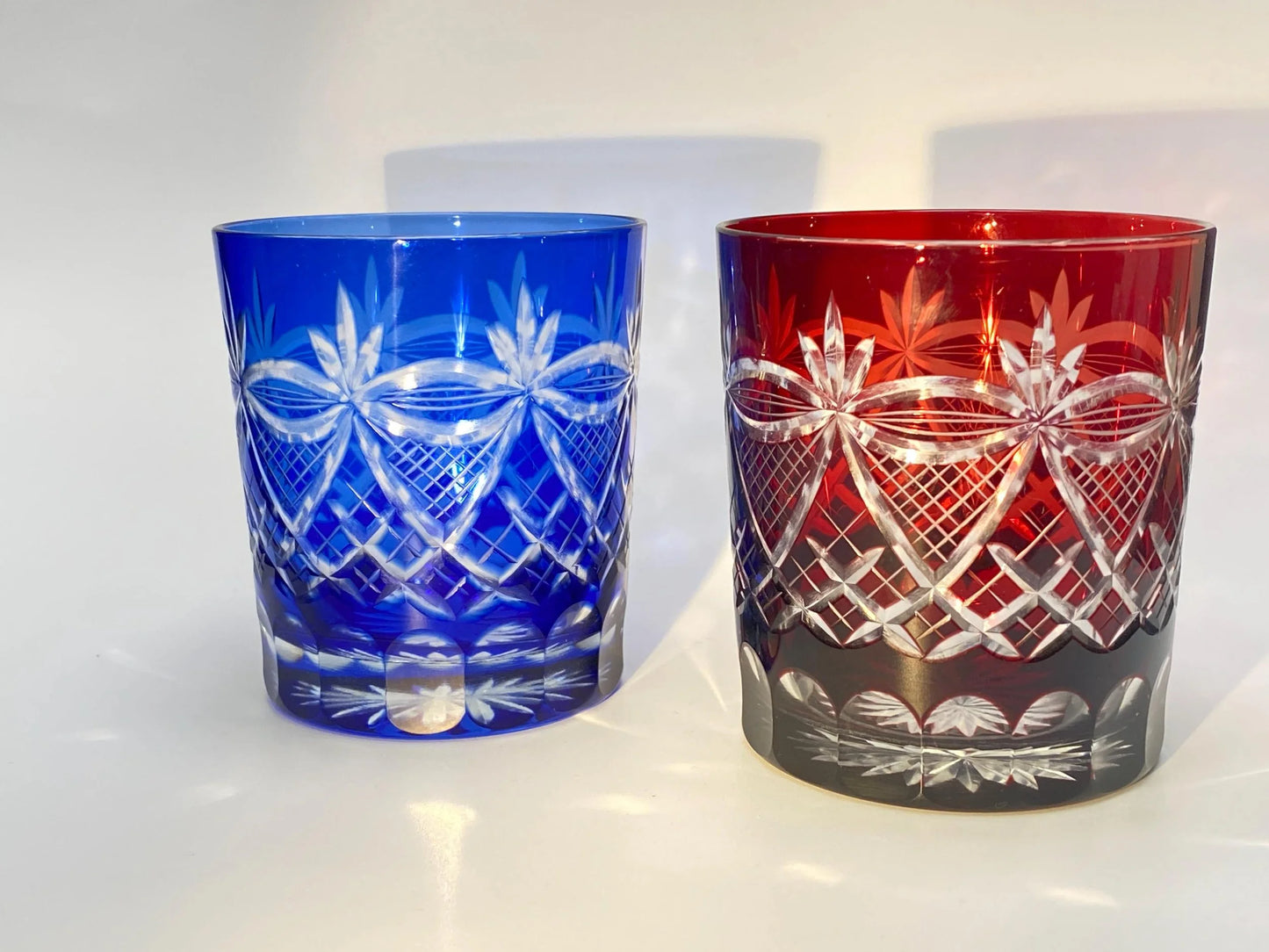 Japanese Kiriko Glass Pair, Hand Cut Crystal Tumblers from Precious Select, Vintage Whisky Glasses, Ayame Iris Pattern, Original Box