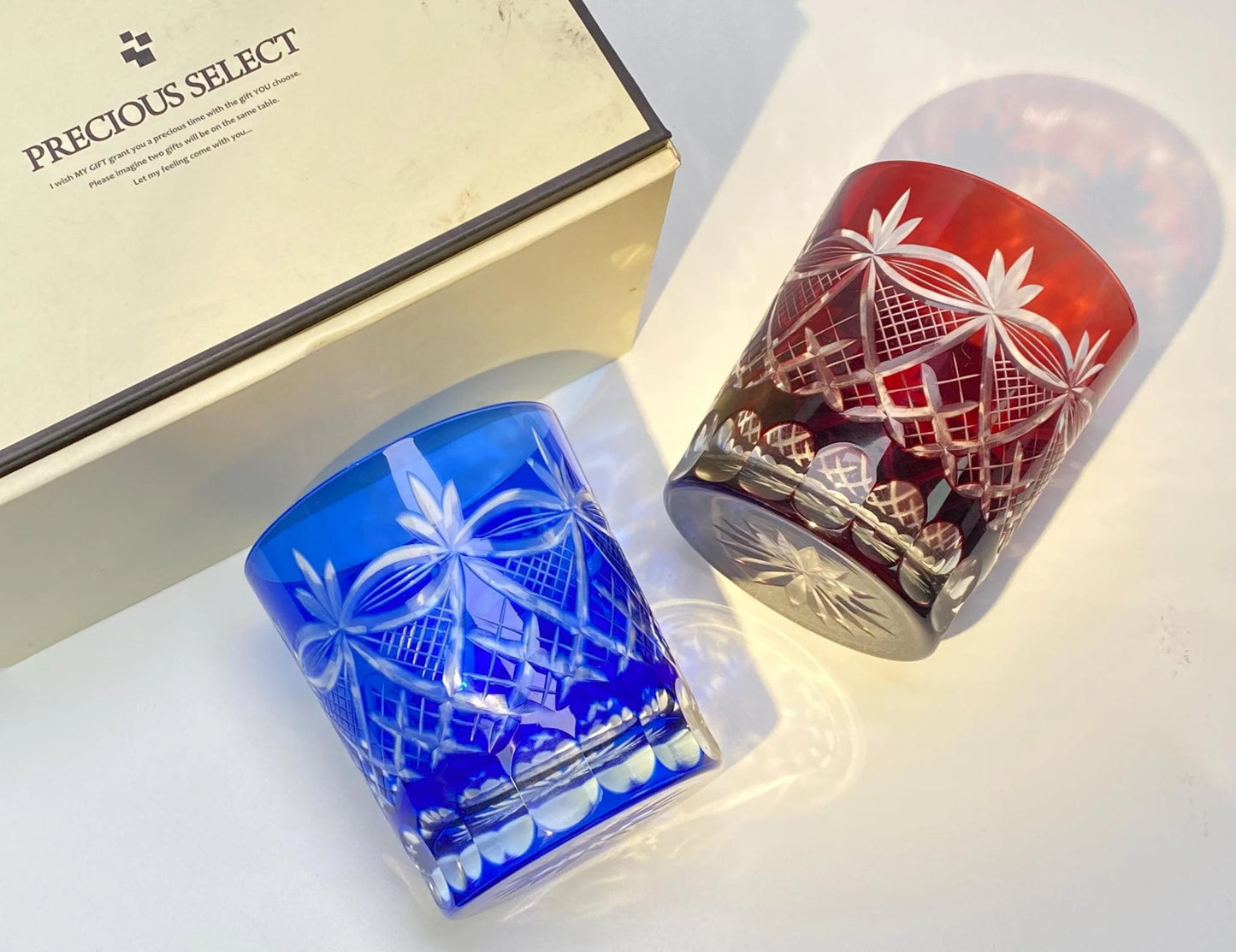 Japanese Kiriko Glass Pair, Hand Cut Crystal Tumblers from Precious Select, Vintage Whisky Glasses, Ayame Iris Pattern, Original Box