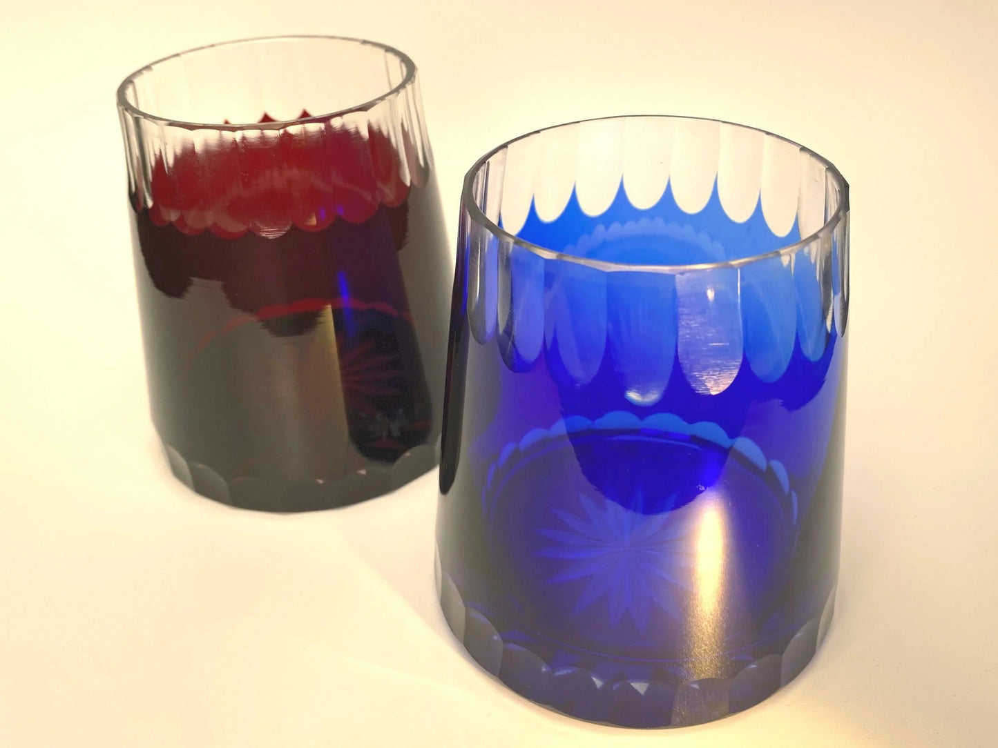 Mt. Fuji Kiriko Crystal Glass PAIR, Japanese vintage Hand Cut Crystal Tumblers, Red & Blue Fuji Edo Kiriko, Old Fashioned Whiskey Glasses