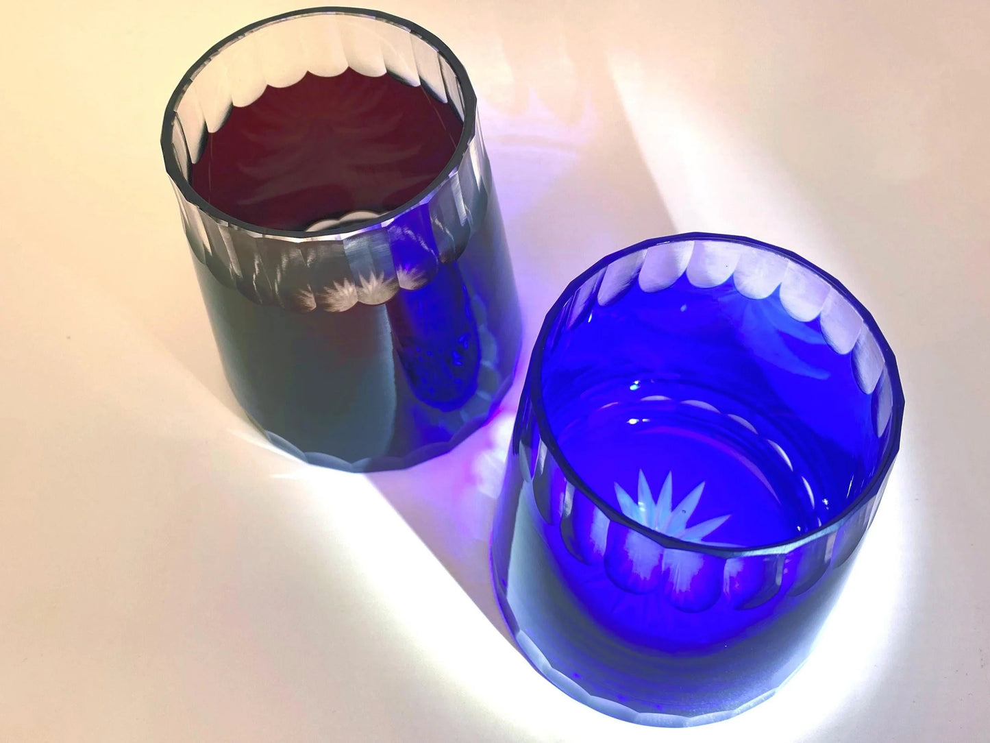 Mt. Fuji Kiriko Crystal Glass PAIR, Japanese vintage Hand Cut Crystal Tumblers, Red & Blue Fuji Edo Kiriko, Old Fashioned Whiskey Glasses