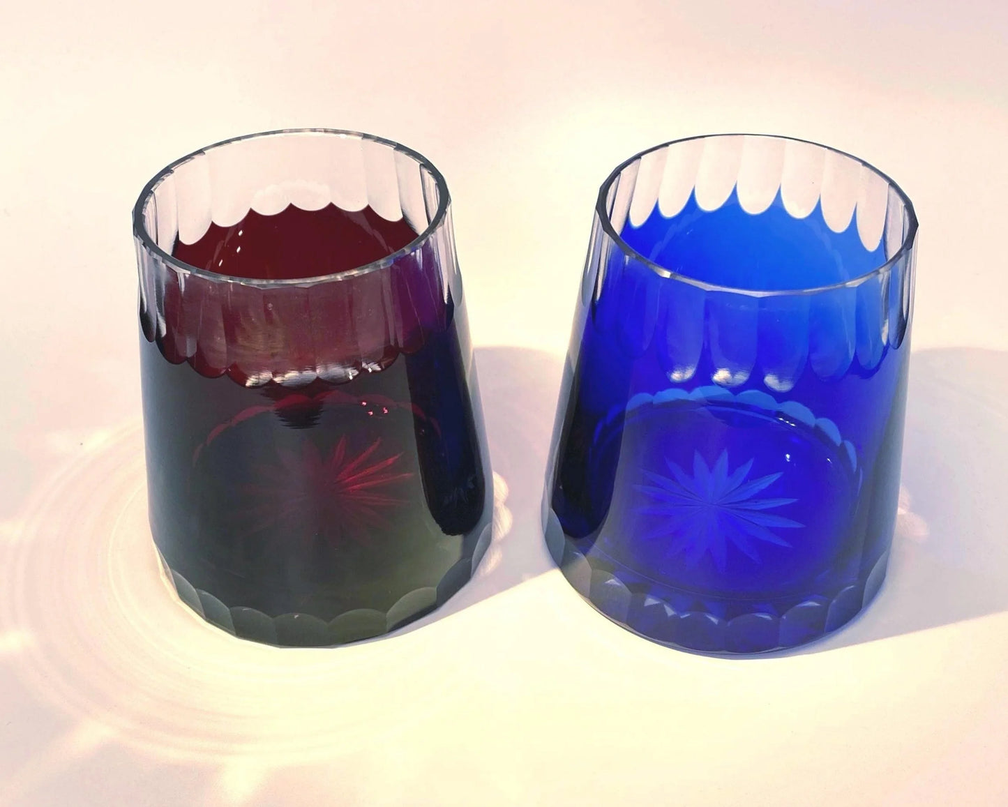 Mt. Fuji Kiriko Crystal Glass PAIR, Japanese vintage Hand Cut Crystal Tumblers, Red & Blue Fuji Edo Kiriko, Old Fashioned Whiskey Glasses