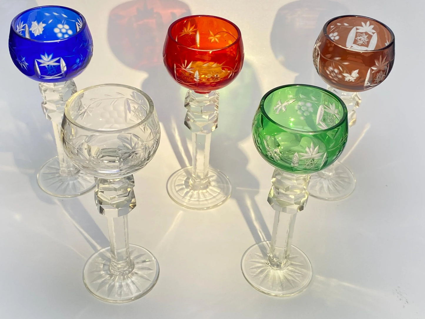 Japanese Edo Kiriko Crystal Goblets, Vintage Hand Cut to Clear Crystal Wine Glasses, Harlequin Set, Colored Overlay