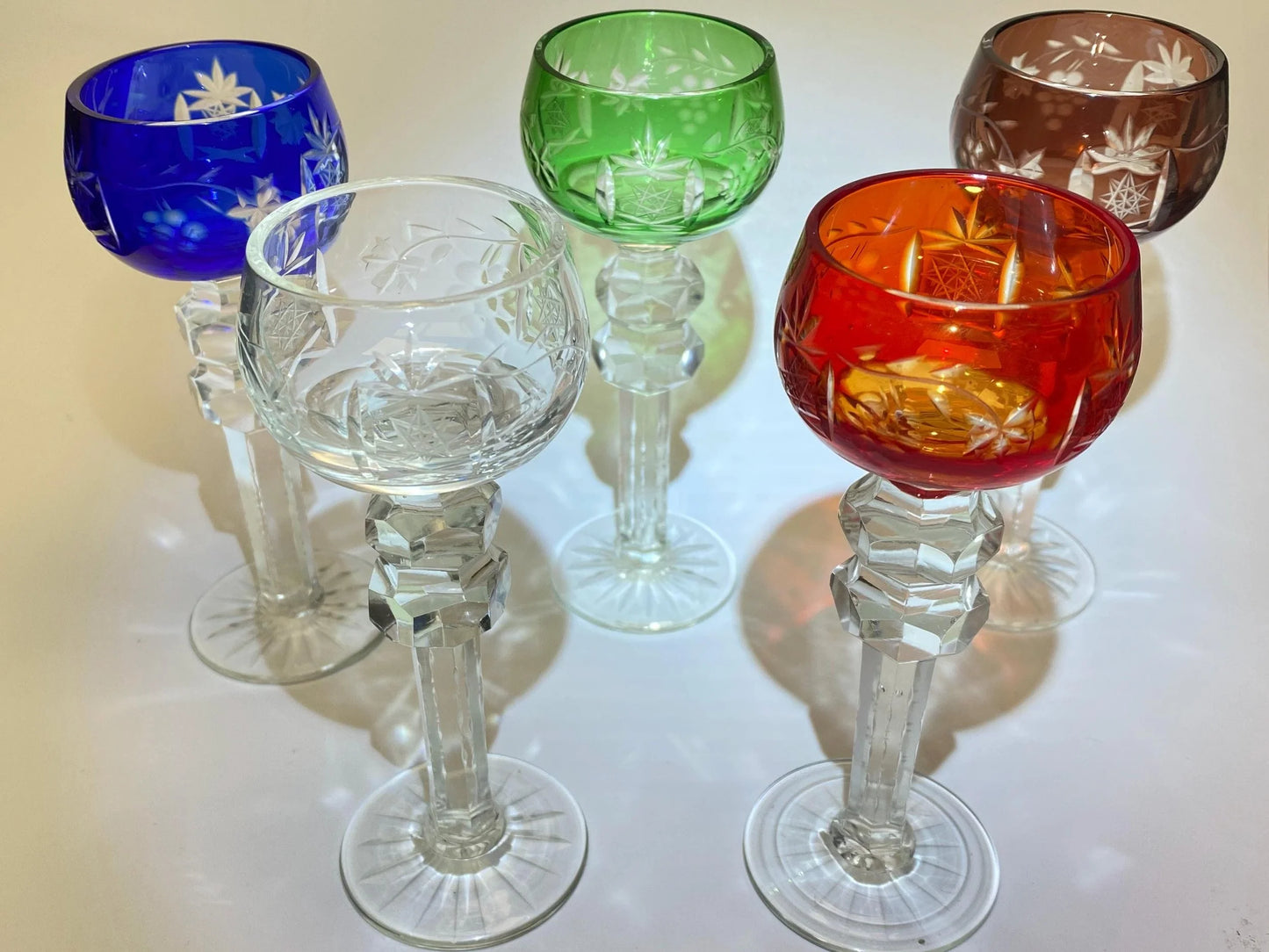 Japanese Edo Kiriko Crystal Goblets, Vintage Hand Cut to Clear Crystal Wine Glasses, Harlequin Set, Colored Overlay