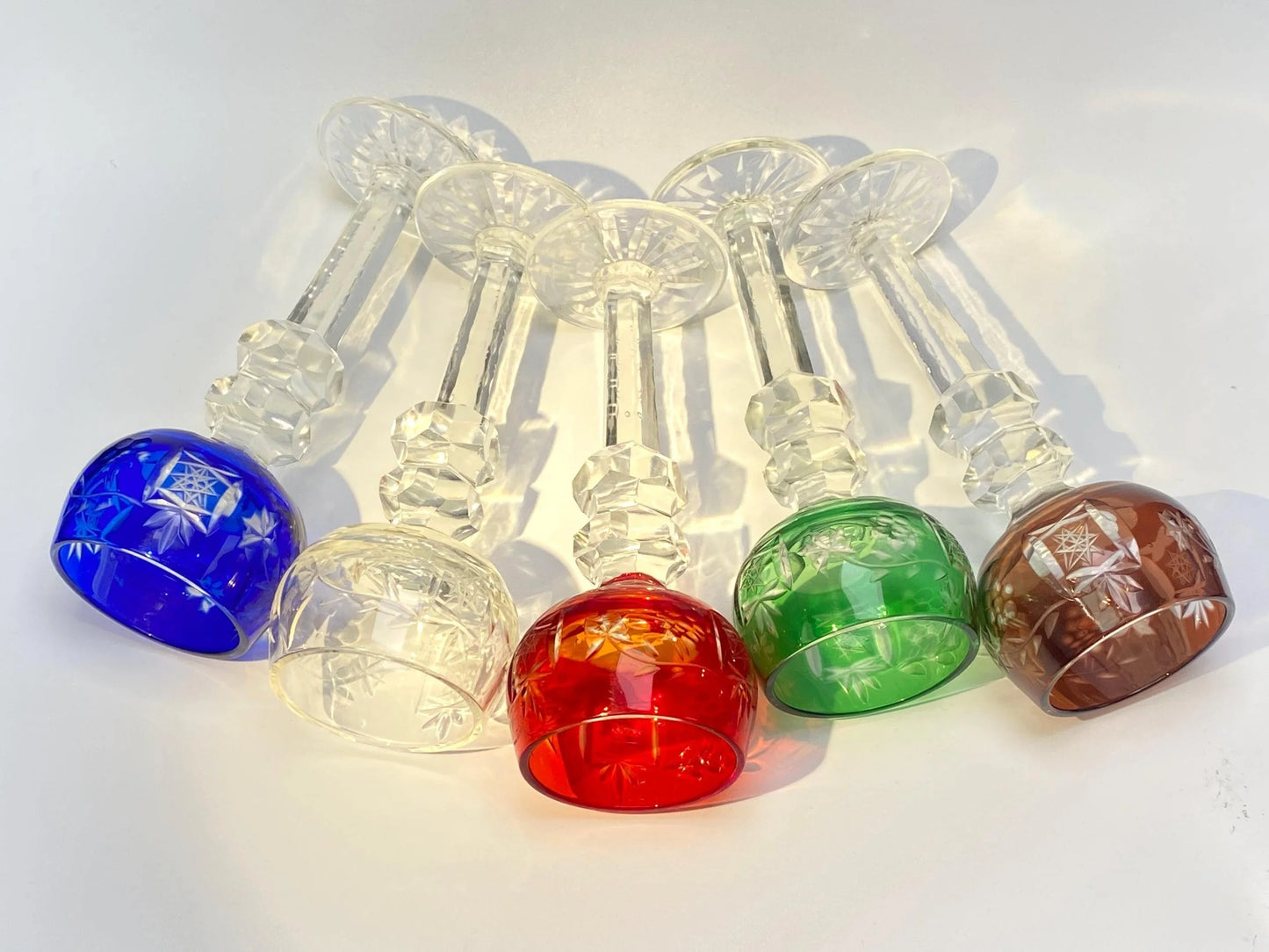 Japanese Edo Kiriko Crystal Goblets, Vintage Hand Cut to Clear Crystal Wine Glasses, Harlequin Set, Colored Overlay