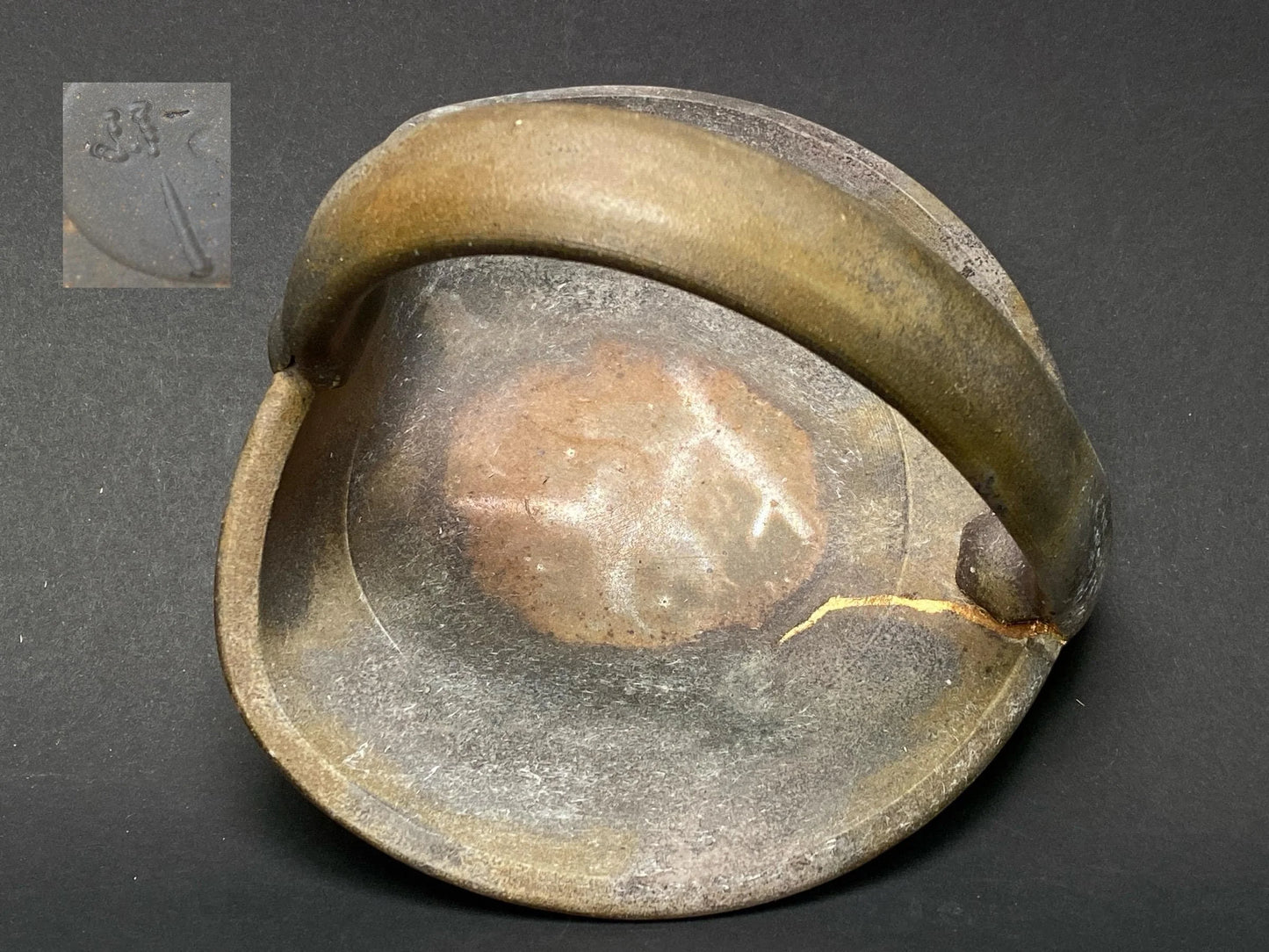 Bizen Ware Tebachi, Vintage Japanese Pottery, Kintsugi Urushi real 24k Gold Repair, Wabi Sabi Ikebana Vessel