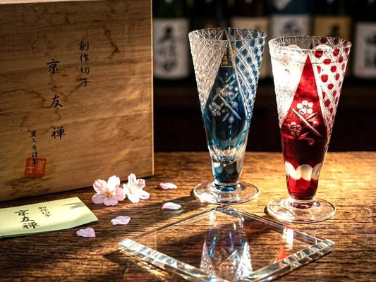 Japanese Kiriko Crystal Sake Glass Pair from Kyoyuzen Sosaku, Japan Hand Cut Luxury gift, Sake Beer Whisky GlassesTumblers, Wooden Box