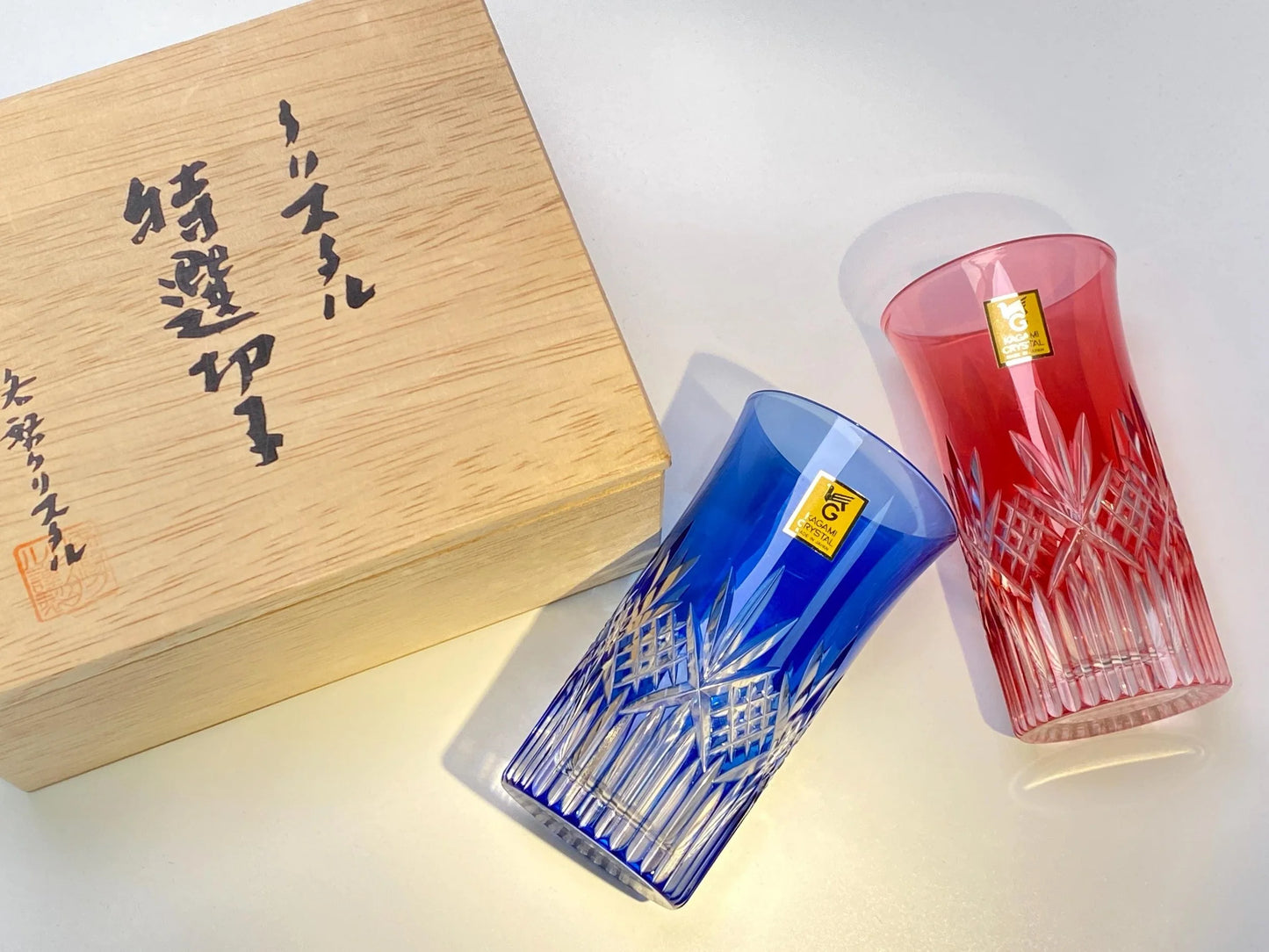 Kagami Crystal Japanese Kiriko Sake Tumblers Pair, Japanese Cut Crystal Glass Pair, Edo Kiriko Style Luxury Gift Set