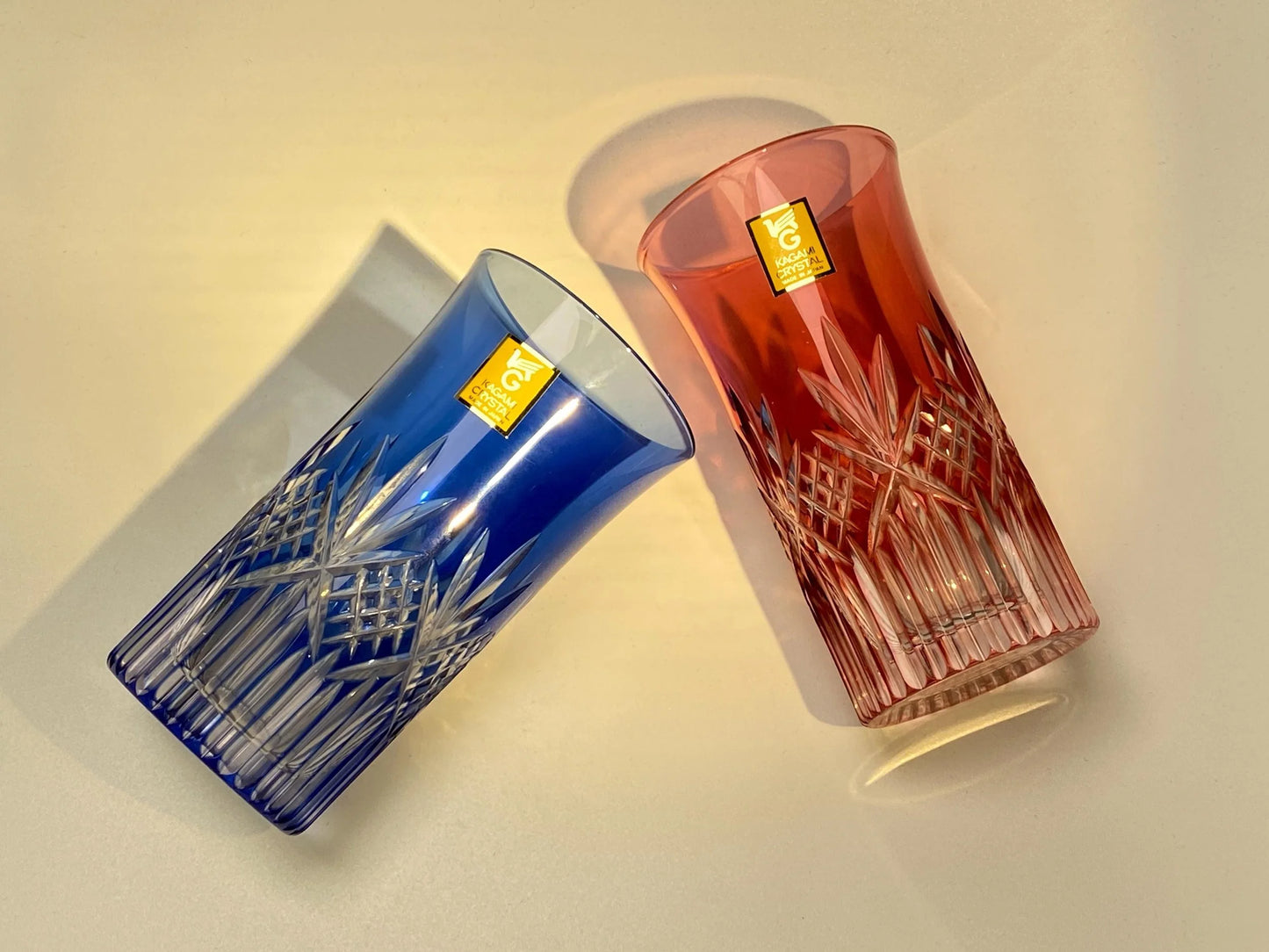 Kagami Crystal Japanese Kiriko Sake Tumblers Pair, Japanese Cut Crystal Glass Pair, Edo Kiriko Style Luxury Gift Set