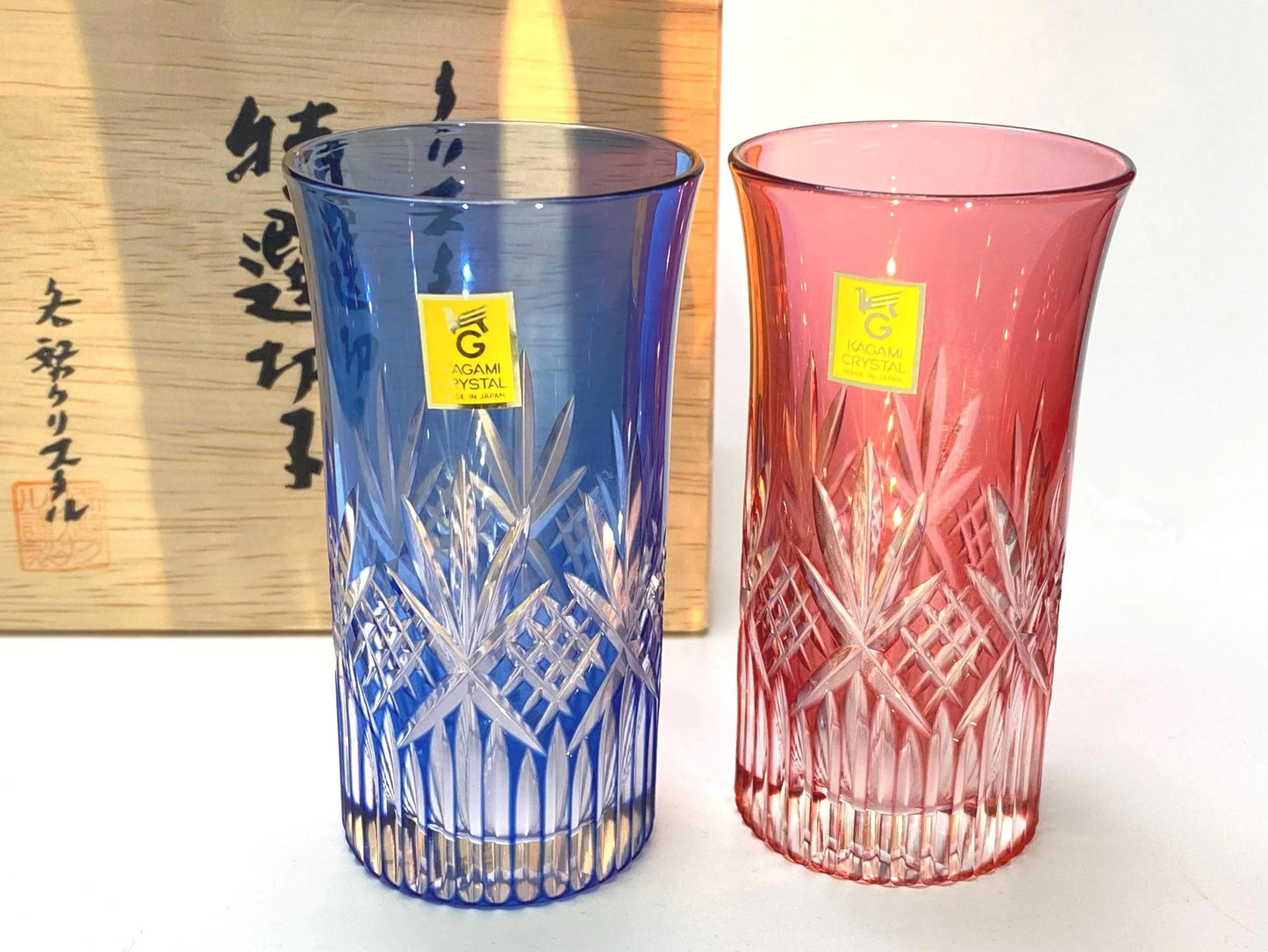 Kagami Crystal Japanese Kiriko Sake Tumblers Pair, Japanese Cut Crystal Glass Pair, Edo Kiriko Style Luxury Gift Set
