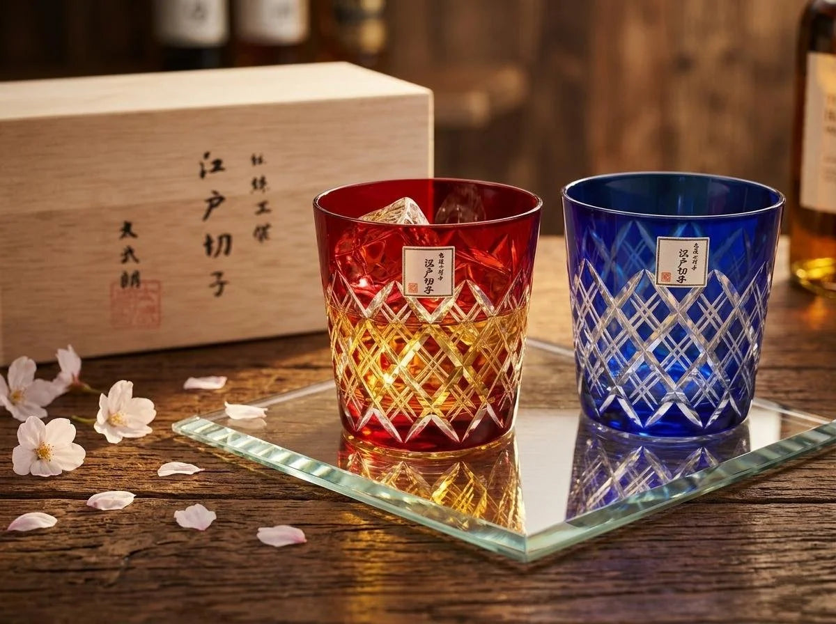Taburo Edo Kiriko Glass Pair in Wood Box