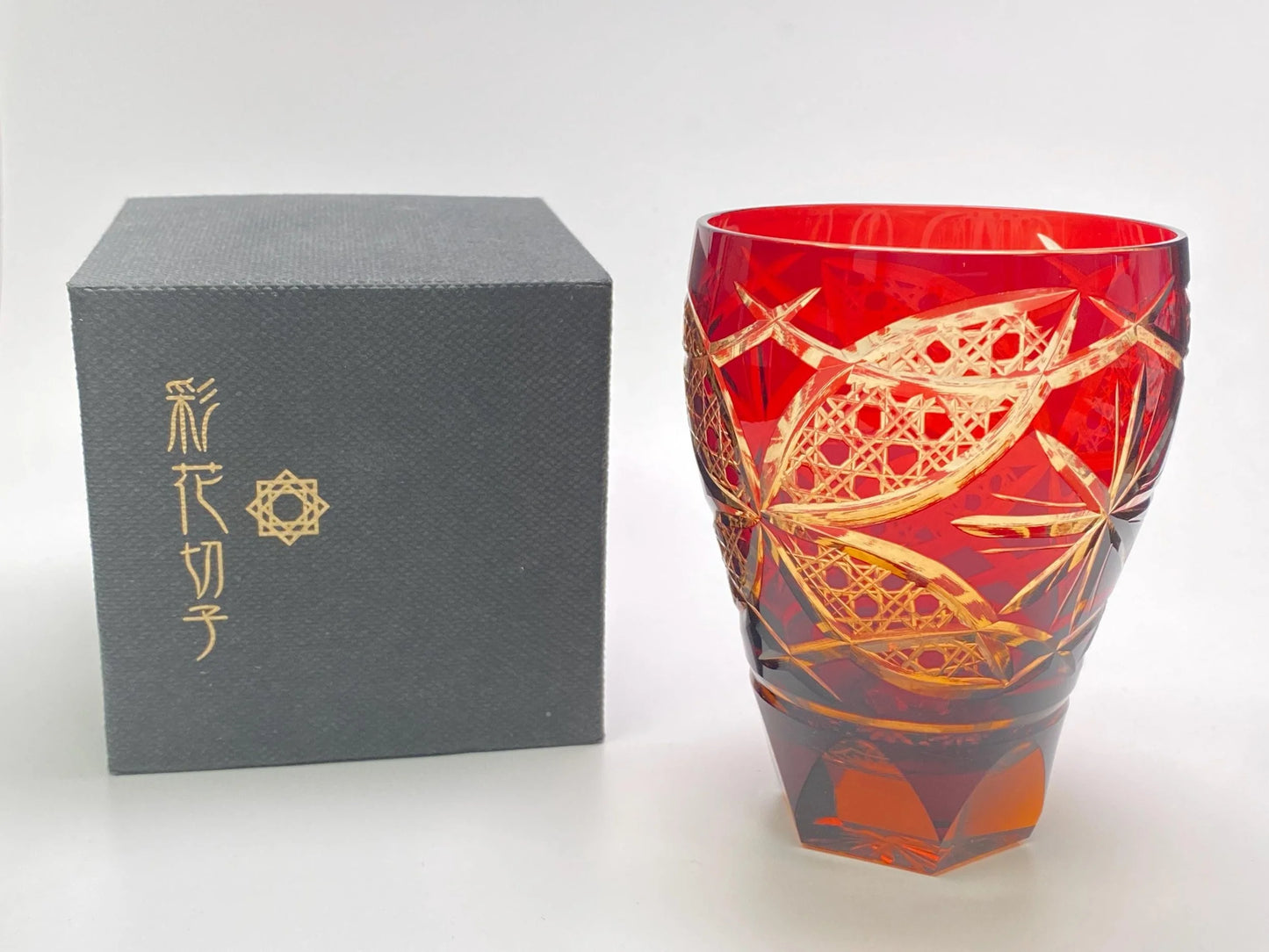 Hand cut Edo Kiriko Crystal Cup from Toyo Sasaki Red Ayaka,Japanese Vintage Edo Kiriko Red Whisky Glass, Original Box, Mint