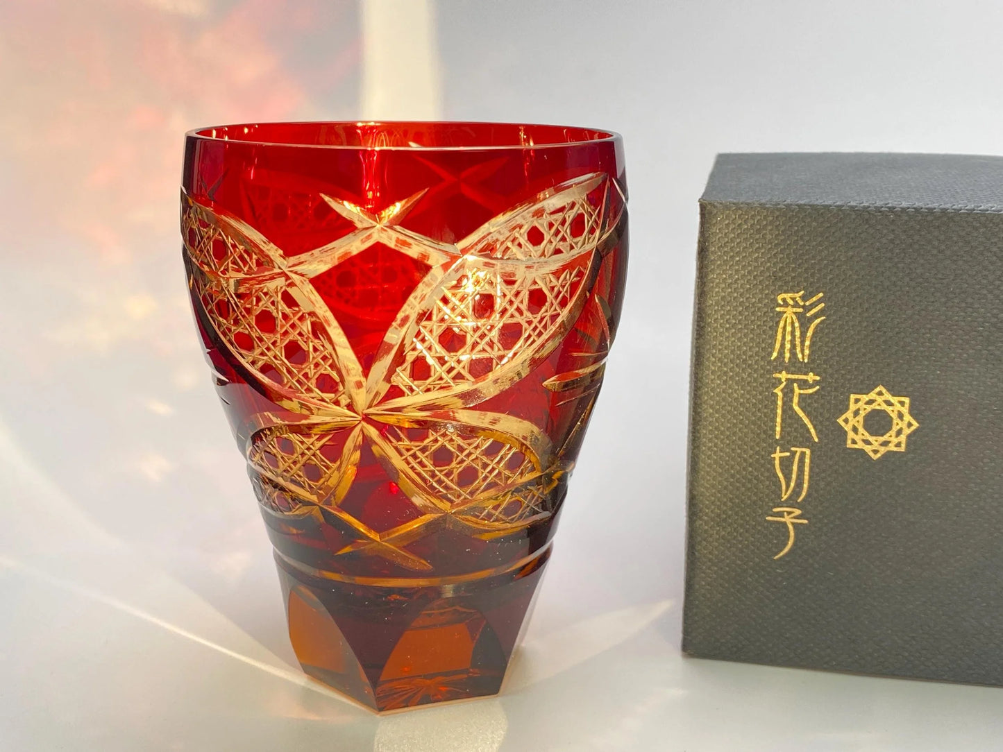 Hand cut Edo Kiriko Crystal Cup from Toyo Sasaki Red Ayaka,Japanese Vintage Edo Kiriko Red Whisky Glass, Original Box, Mint
